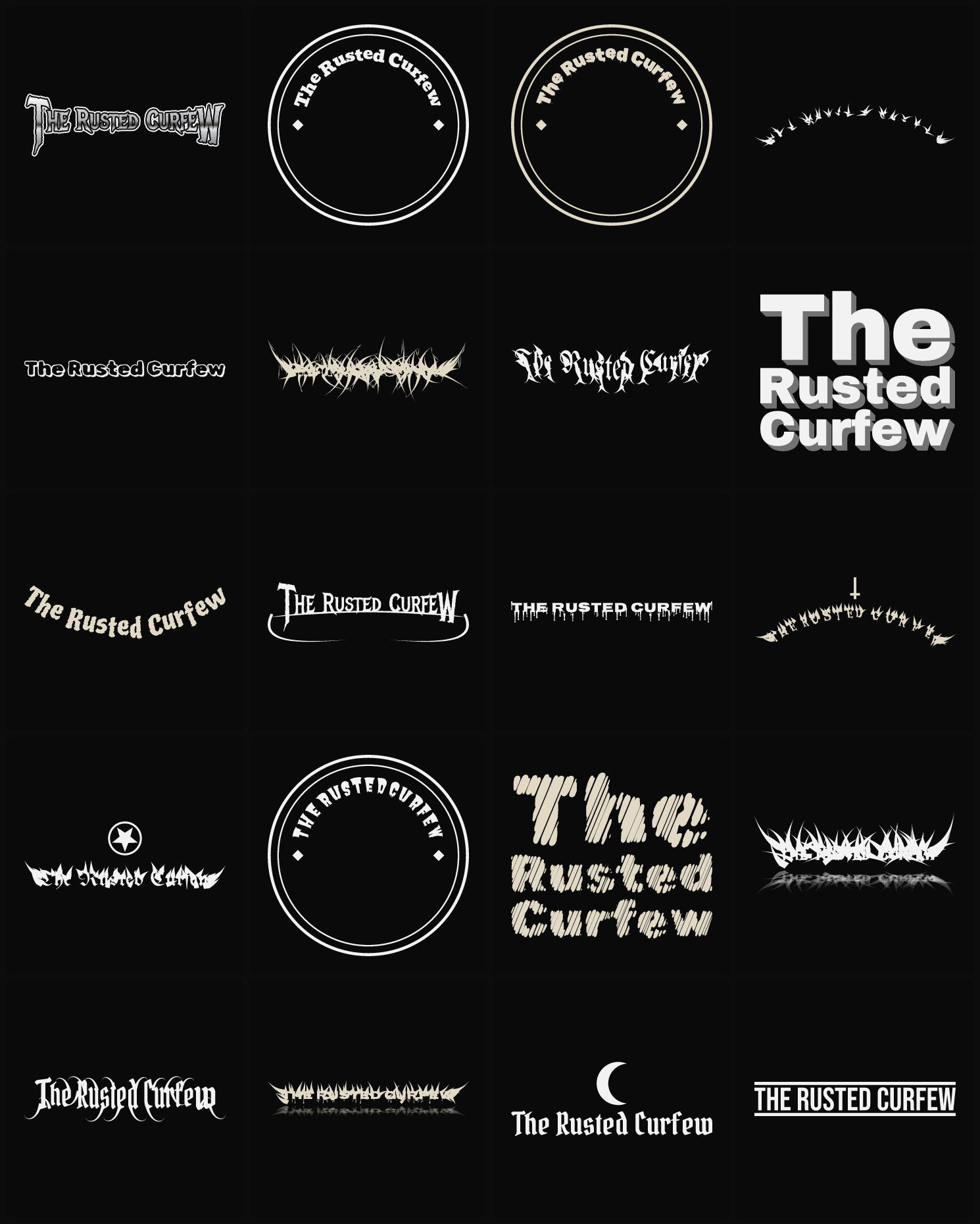 Twenty The Rusted Curfew band logo ideas — different faces, treatments and spike settings