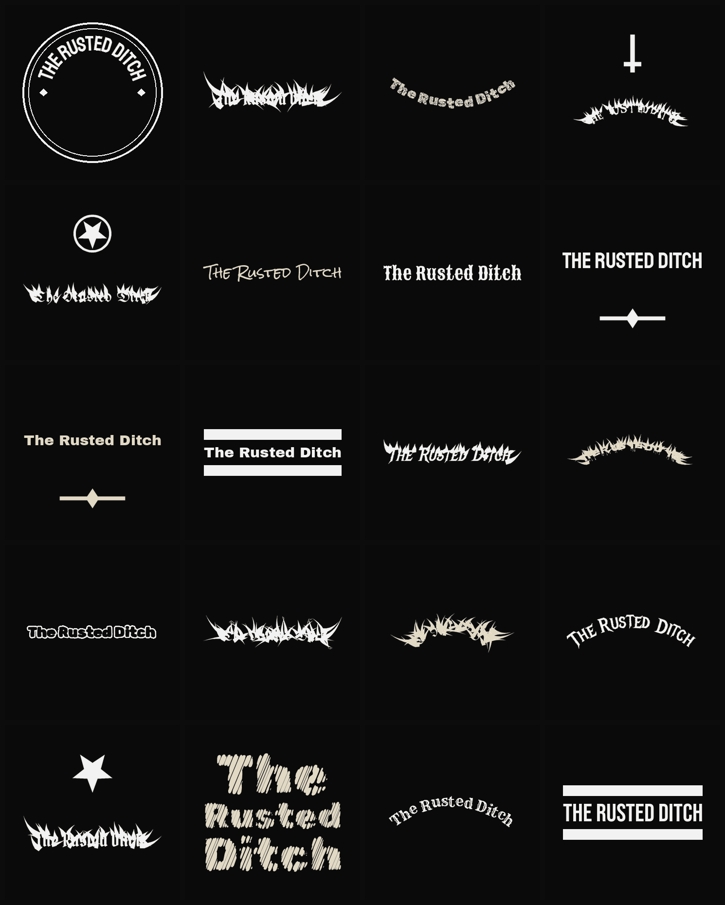Twenty The Rusted Ditch band logo ideas — different faces, treatments and spike settings