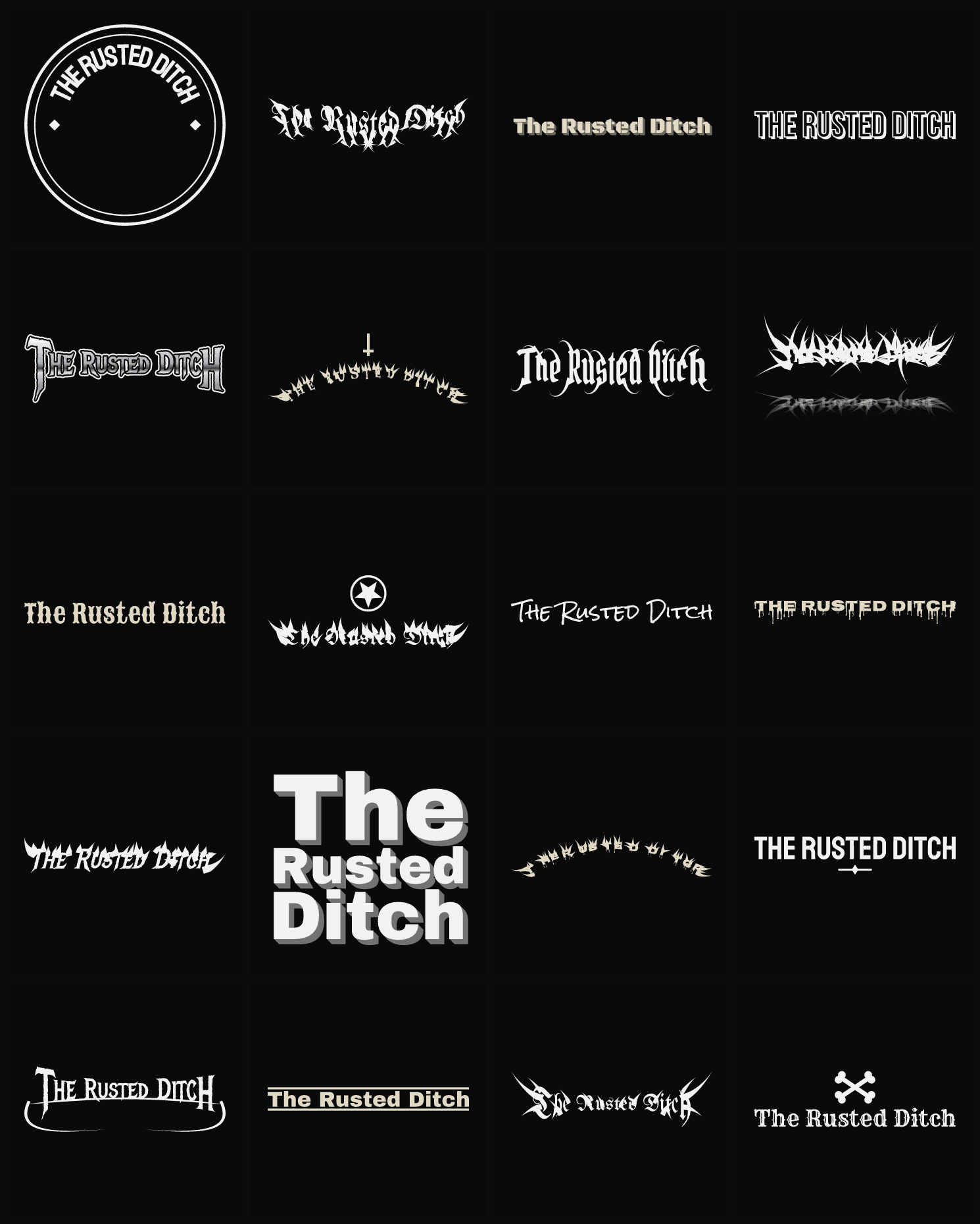 Twenty The Rusted Ditch band logo ideas — different faces, treatments and spike settings