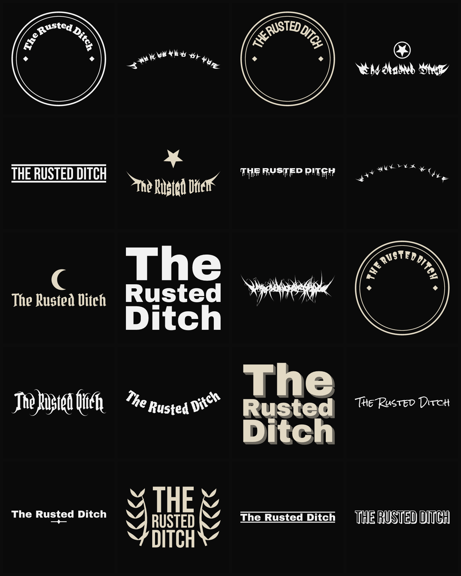 Twenty The Rusted Ditch band logo ideas — different faces, treatments and spike settings
