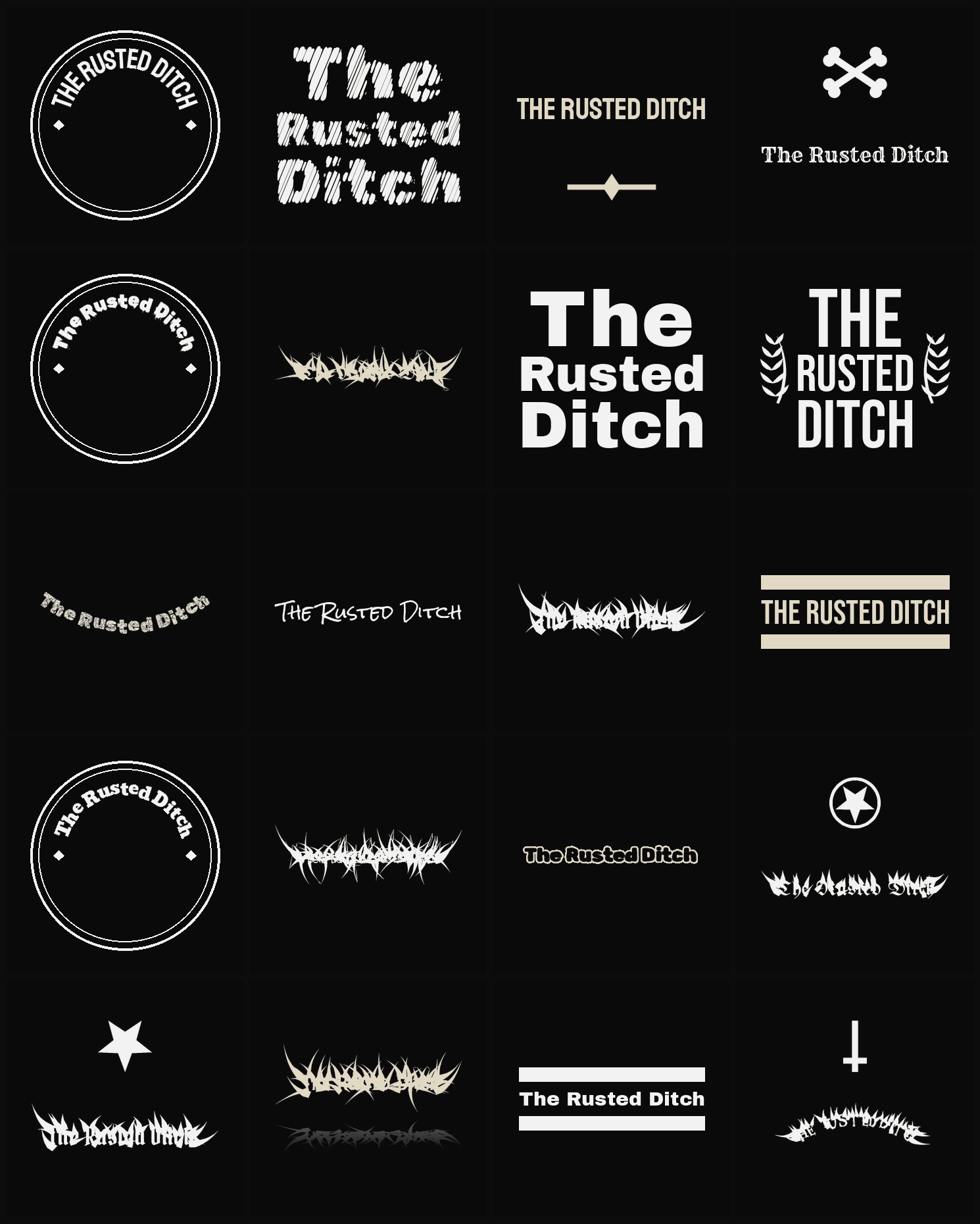 Twenty The Rusted Ditch band logo ideas — different faces, treatments and spike settings