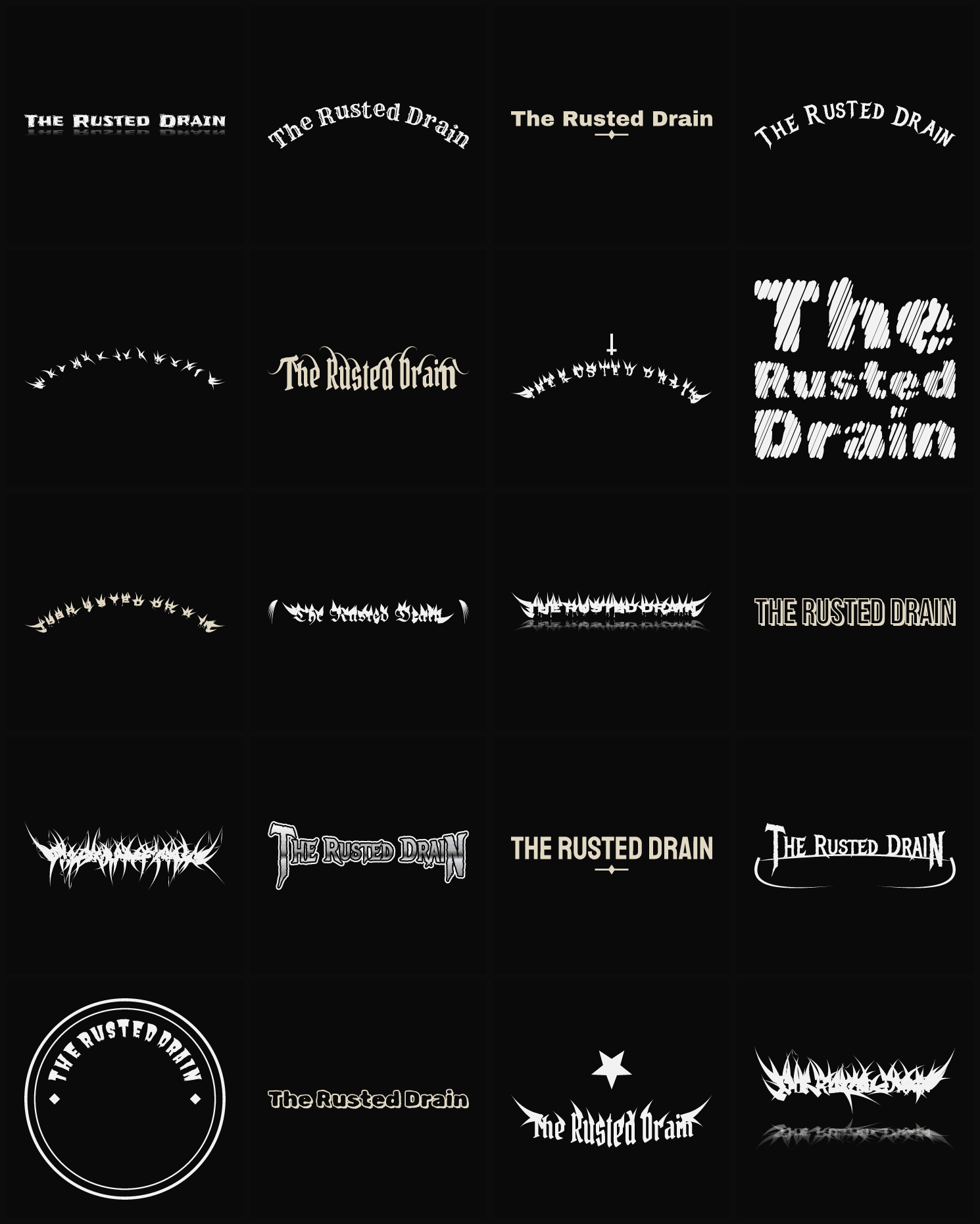 Twenty The Rusted Drain band logo ideas — different faces, treatments and spike settings