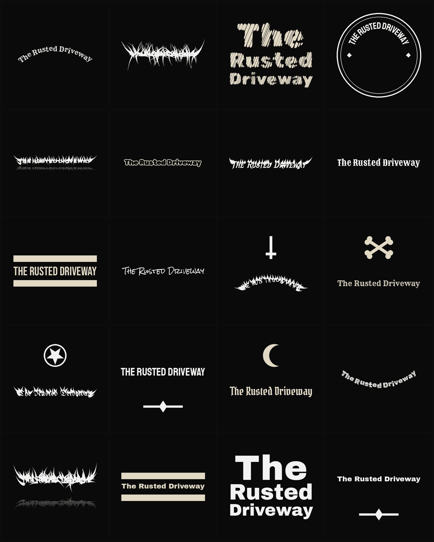 Twenty The Rusted Driveway band logo ideas — different faces, treatments and spike settings