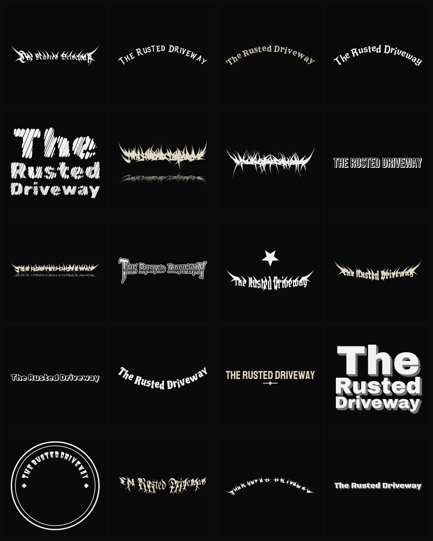 Twenty The Rusted Driveway band logo ideas — different faces, treatments and spike settings