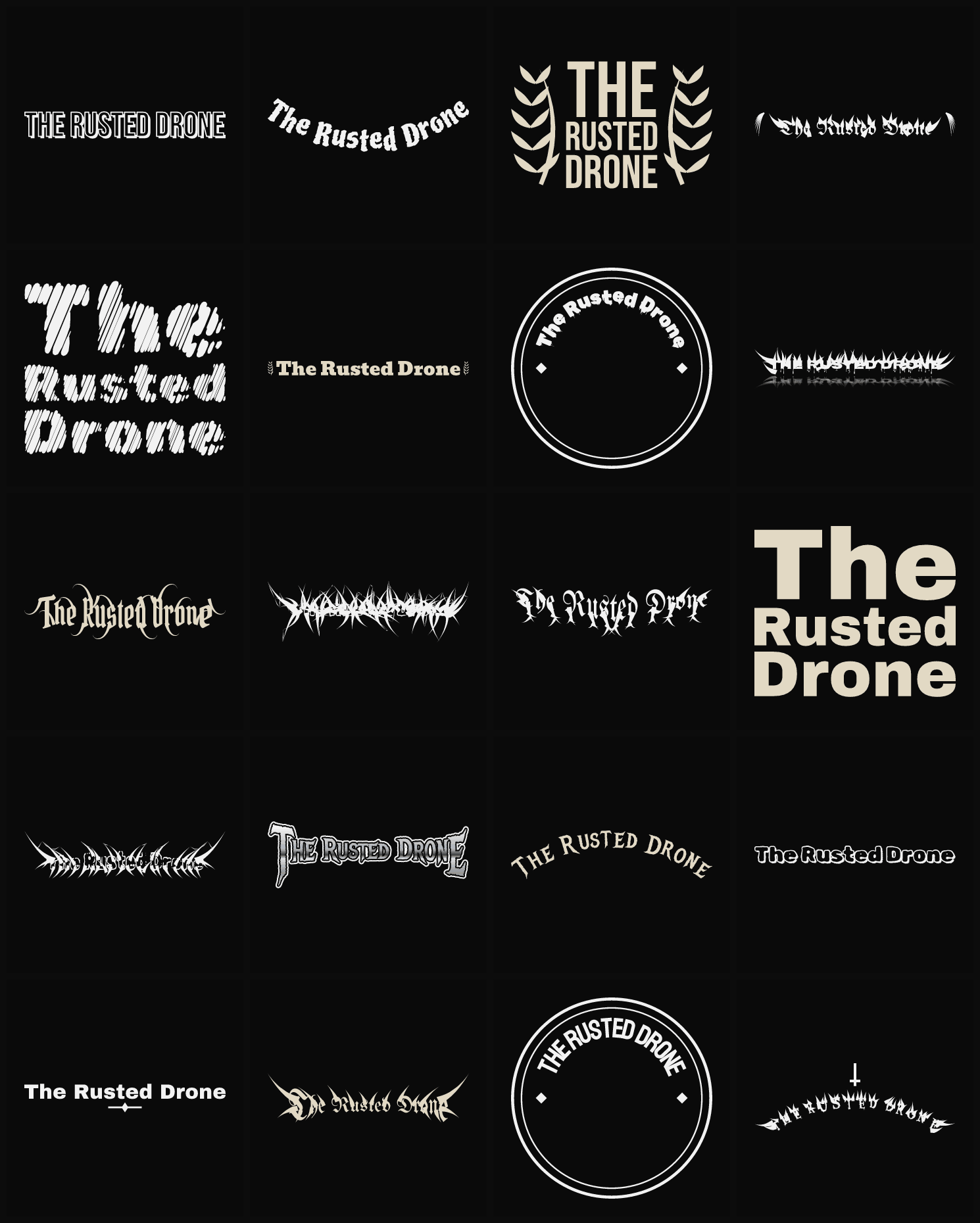 Twenty The Rusted Drone band logo ideas — different faces, treatments and spike settings