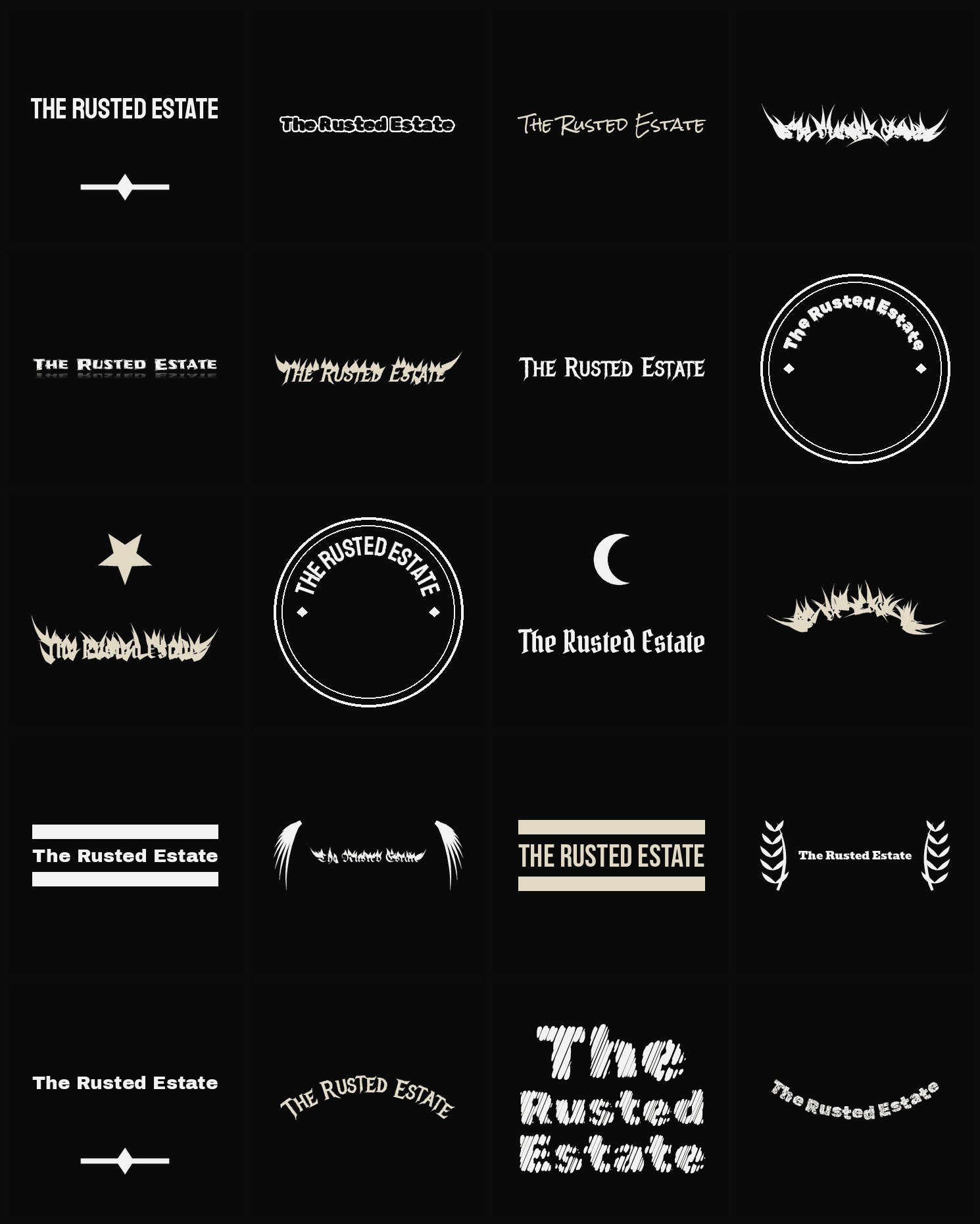 Twenty The Rusted Estate band logo ideas — different faces, treatments and spike settings