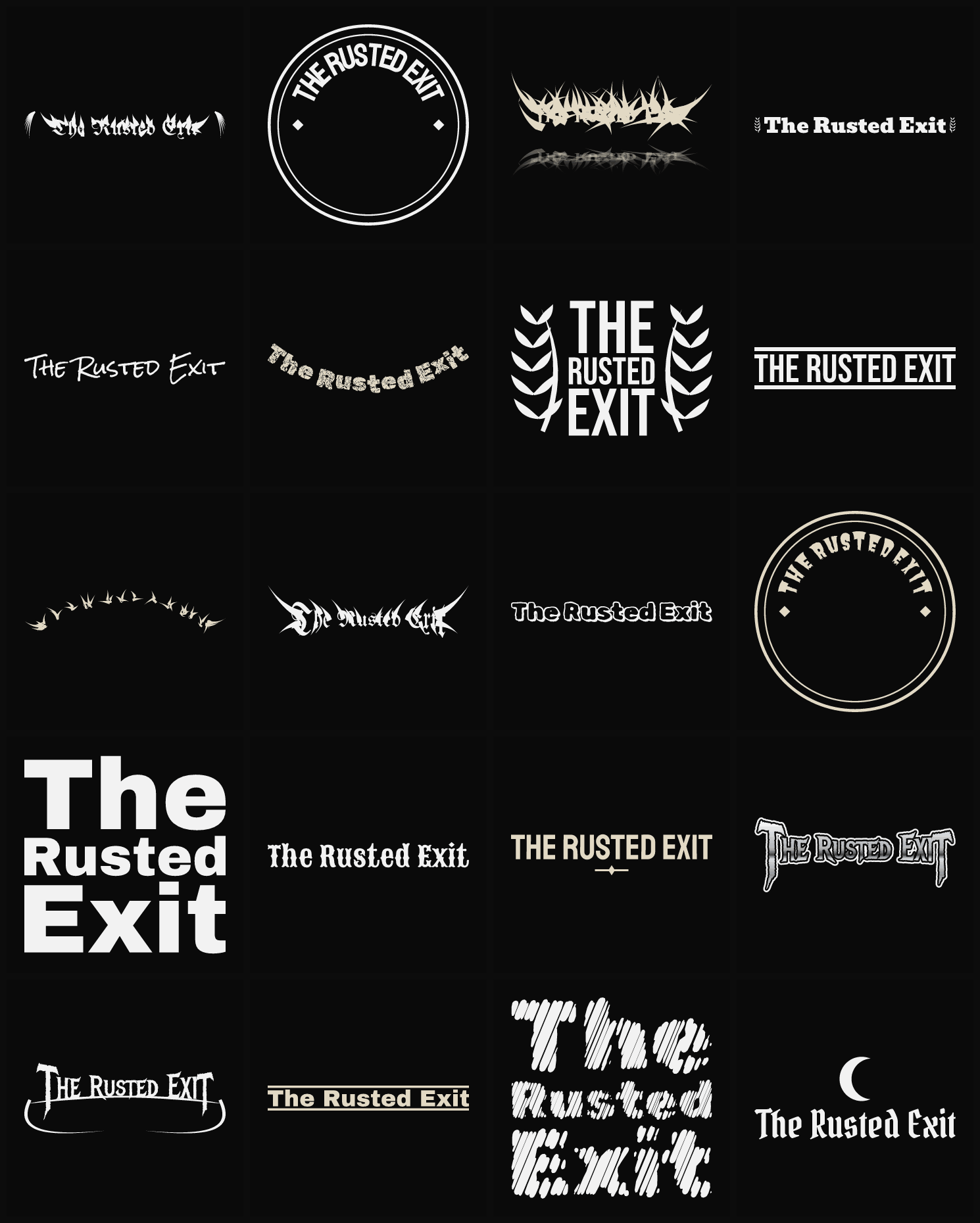 Twenty The Rusted Exit band logo ideas — different faces, treatments and spike settings