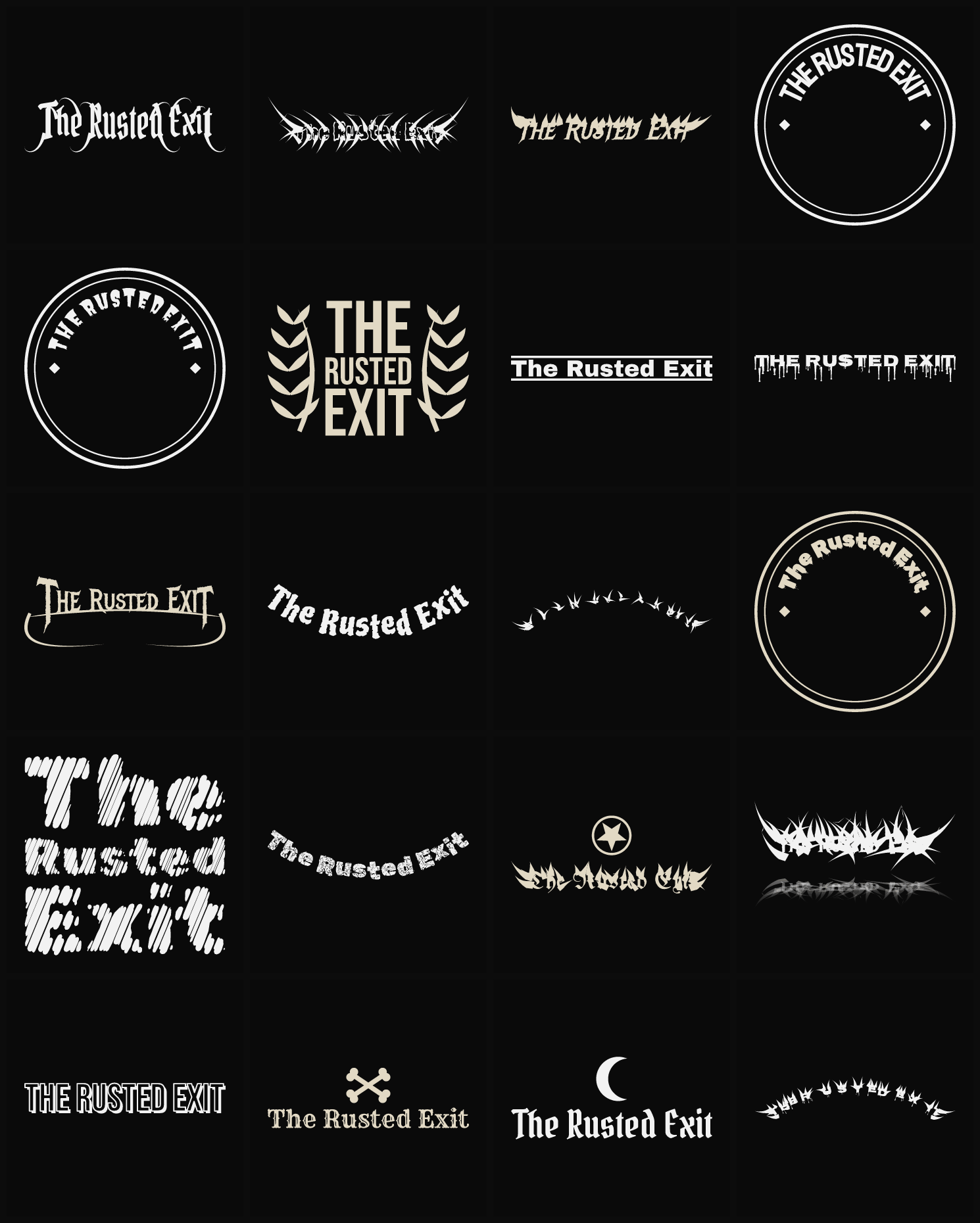 Twenty The Rusted Exit band logo ideas — different faces, treatments and spike settings