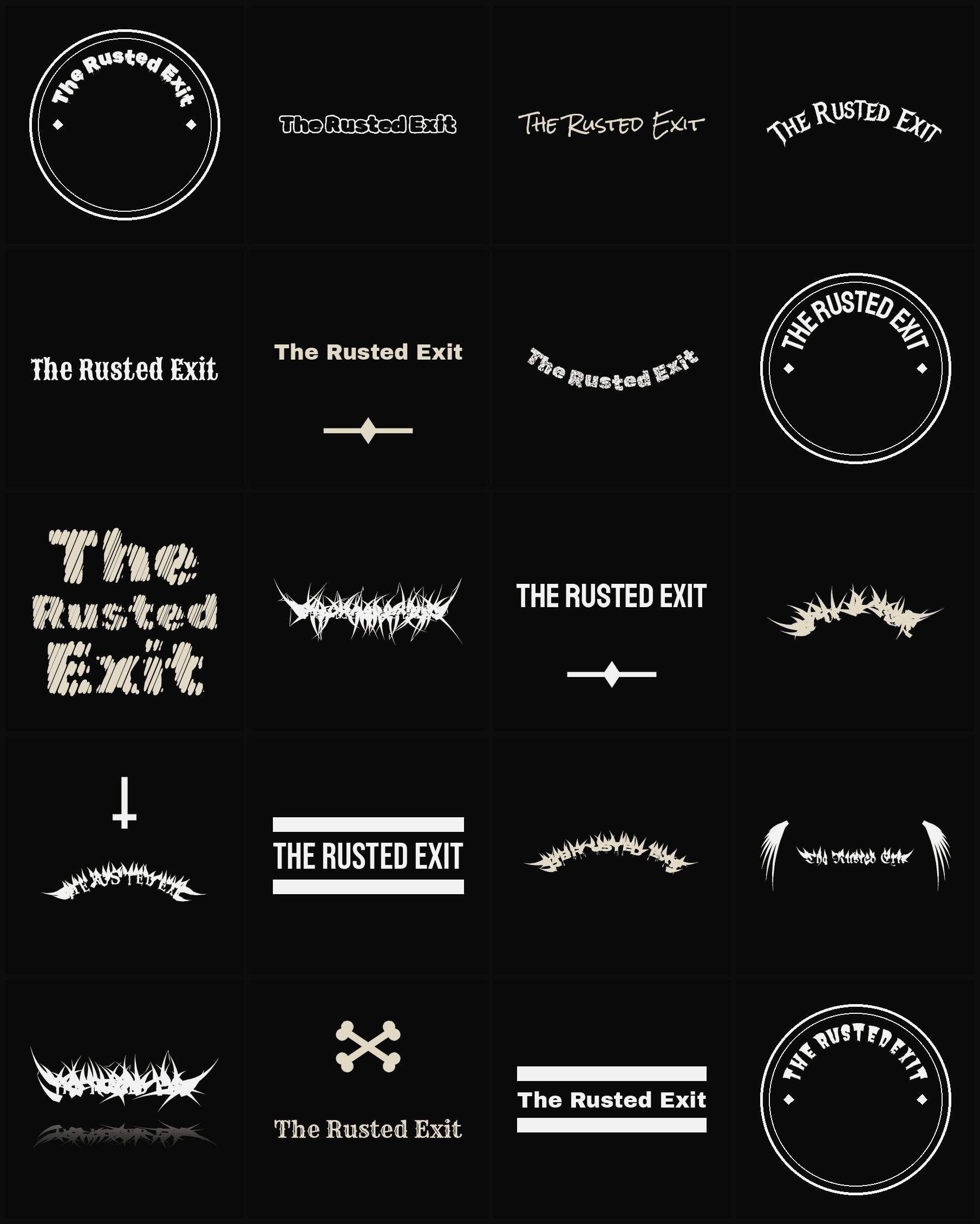 Twenty The Rusted Exit band logo ideas — different faces, treatments and spike settings