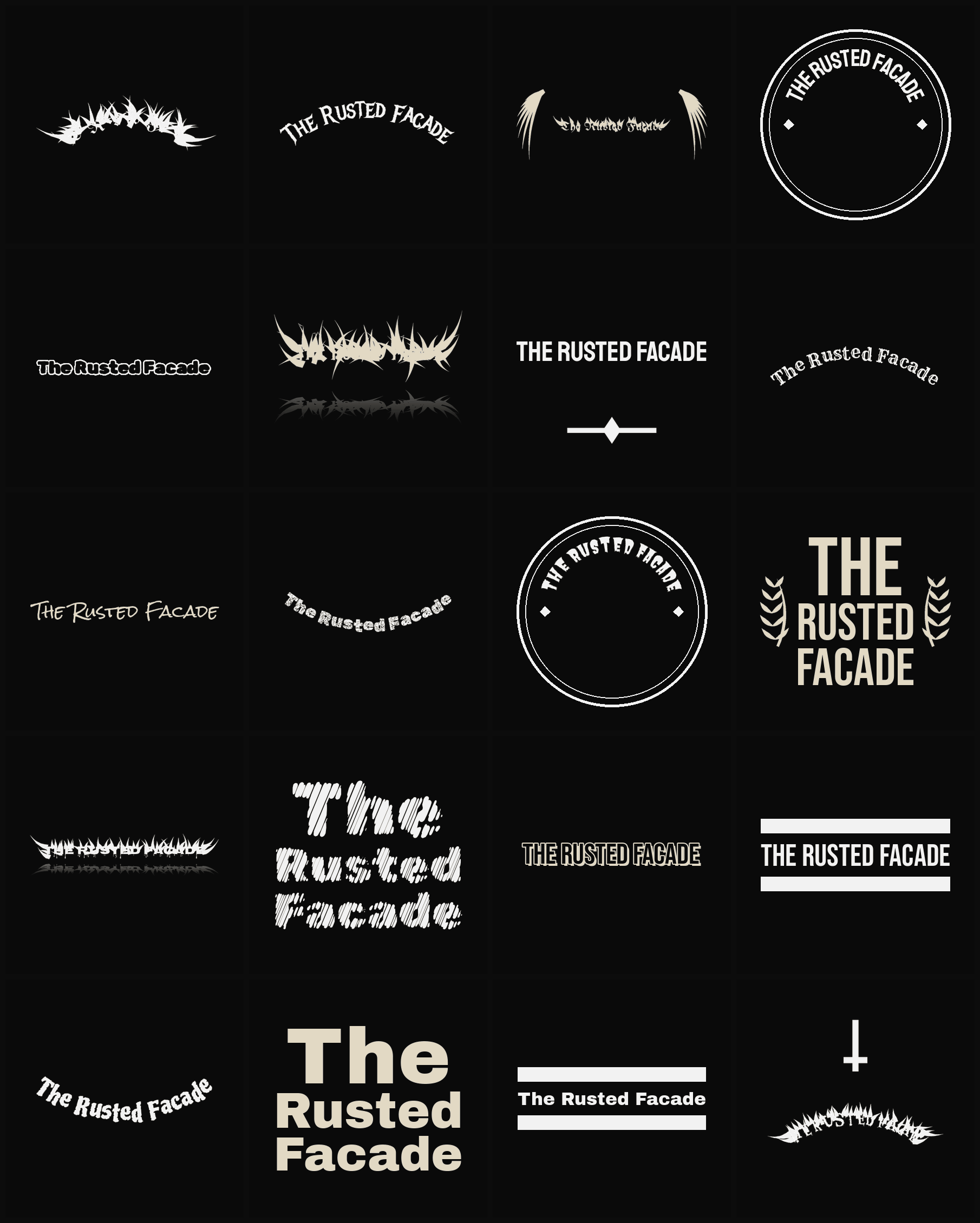 Twenty The Rusted Facade band logo ideas — different faces, treatments and spike settings