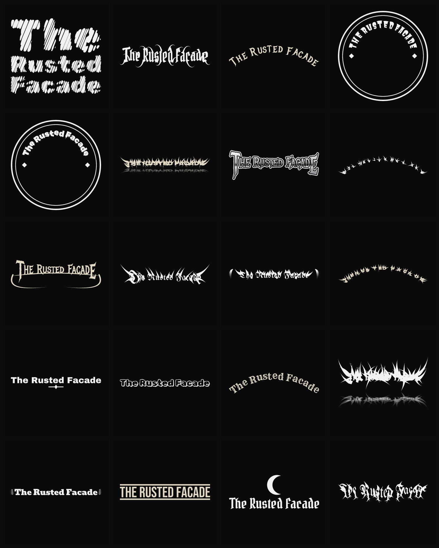 Twenty The Rusted Facade band logo ideas — different faces, treatments and spike settings