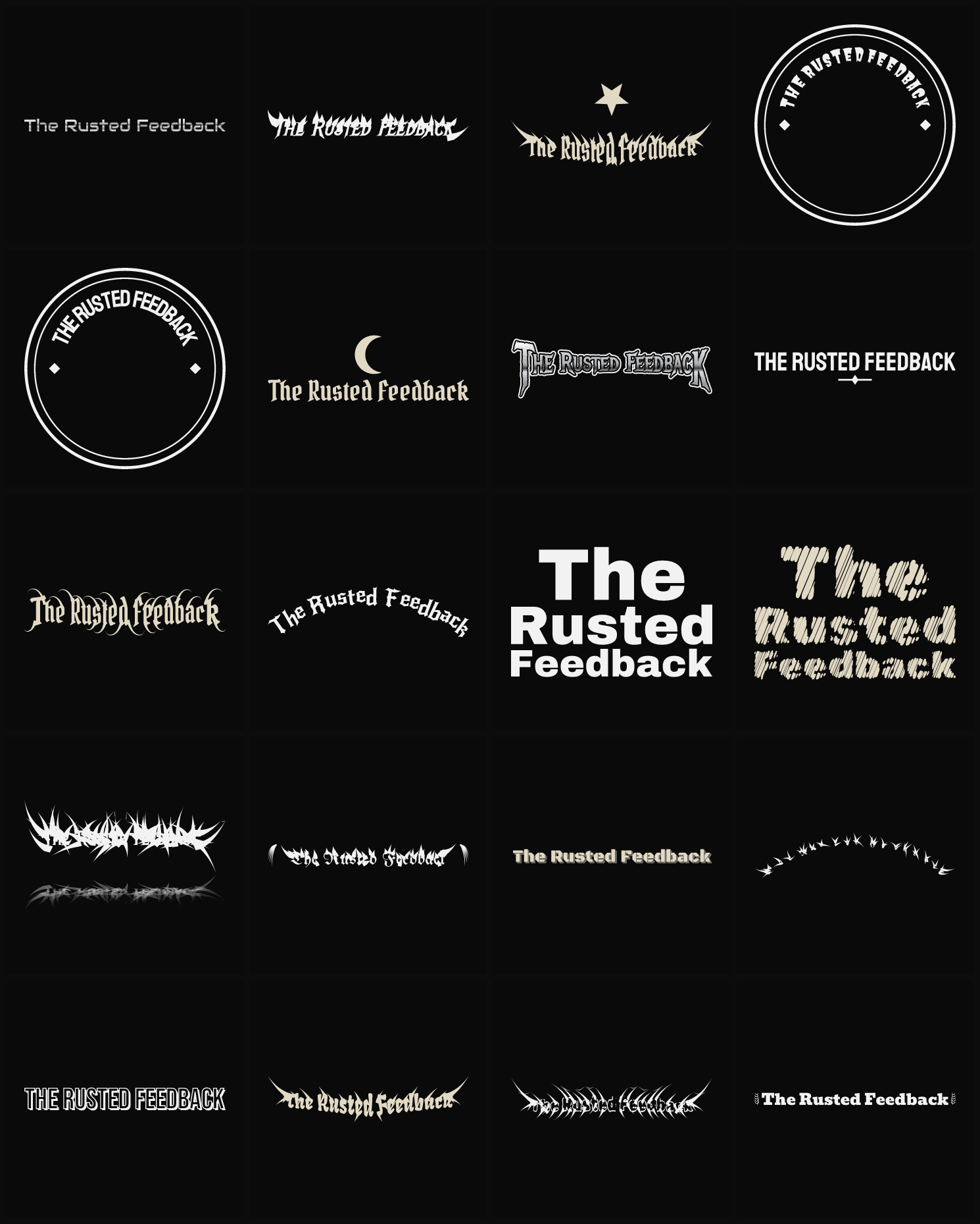 Twenty The Rusted Feedback band logo ideas — different faces, treatments and spike settings