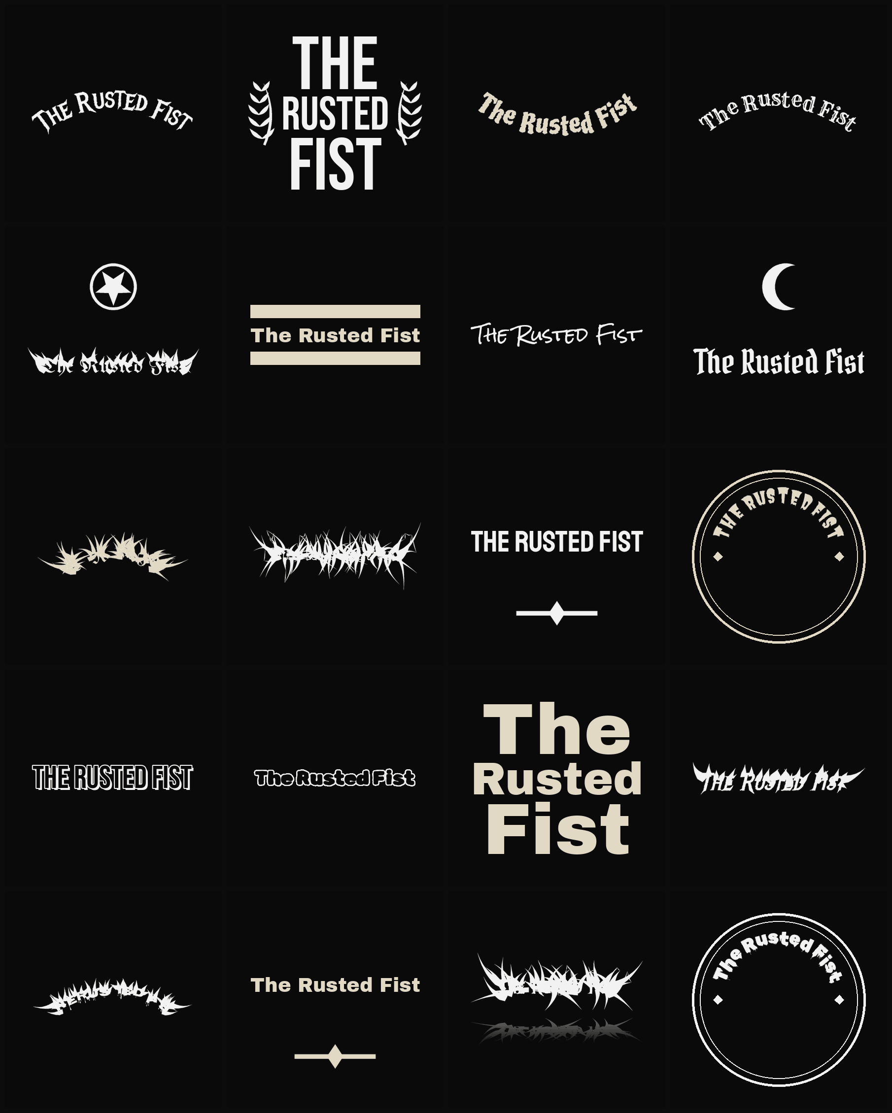 Twenty The Rusted Fist band logo ideas — different faces, treatments and spike settings