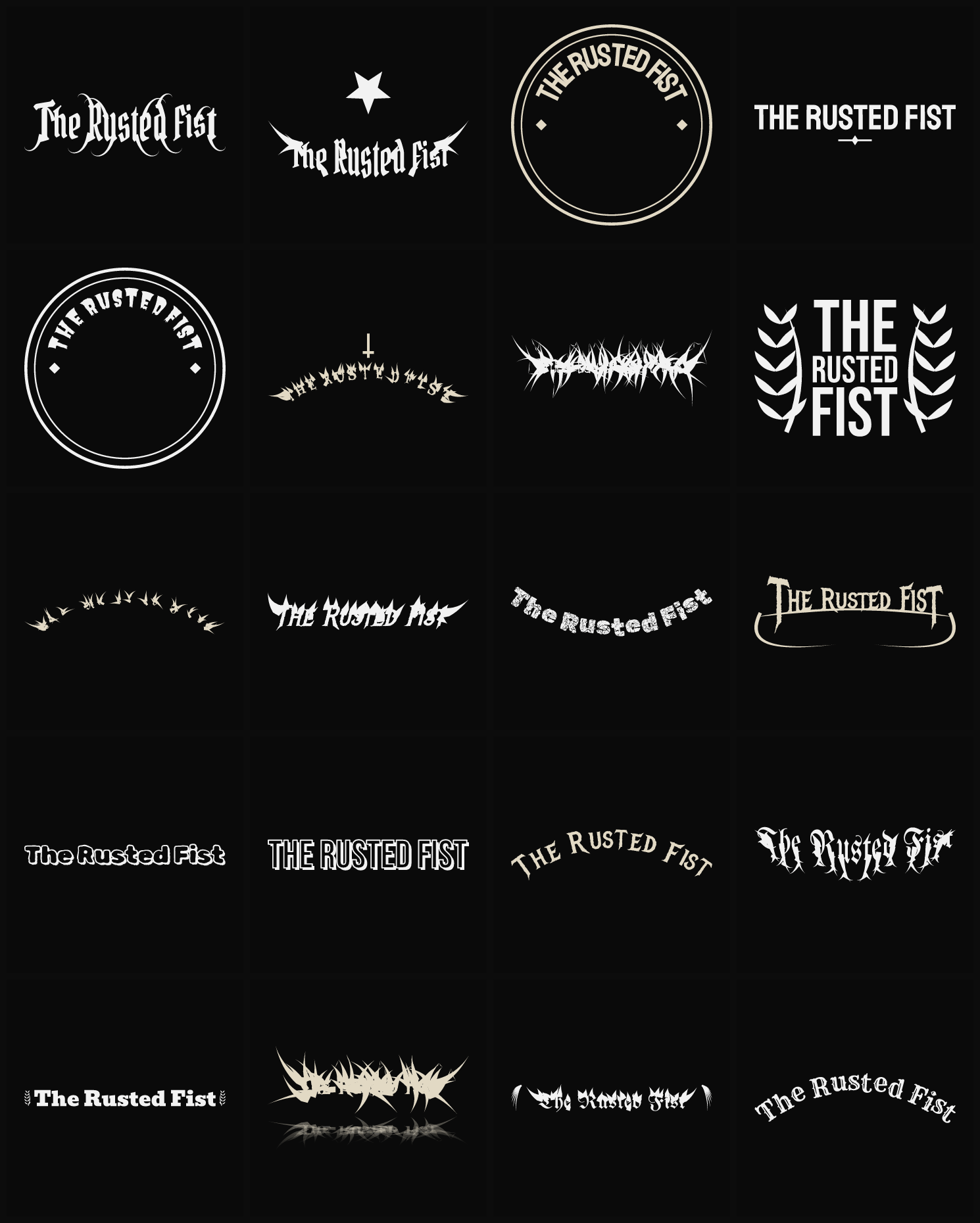 Twenty The Rusted Fist band logo ideas — different faces, treatments and spike settings