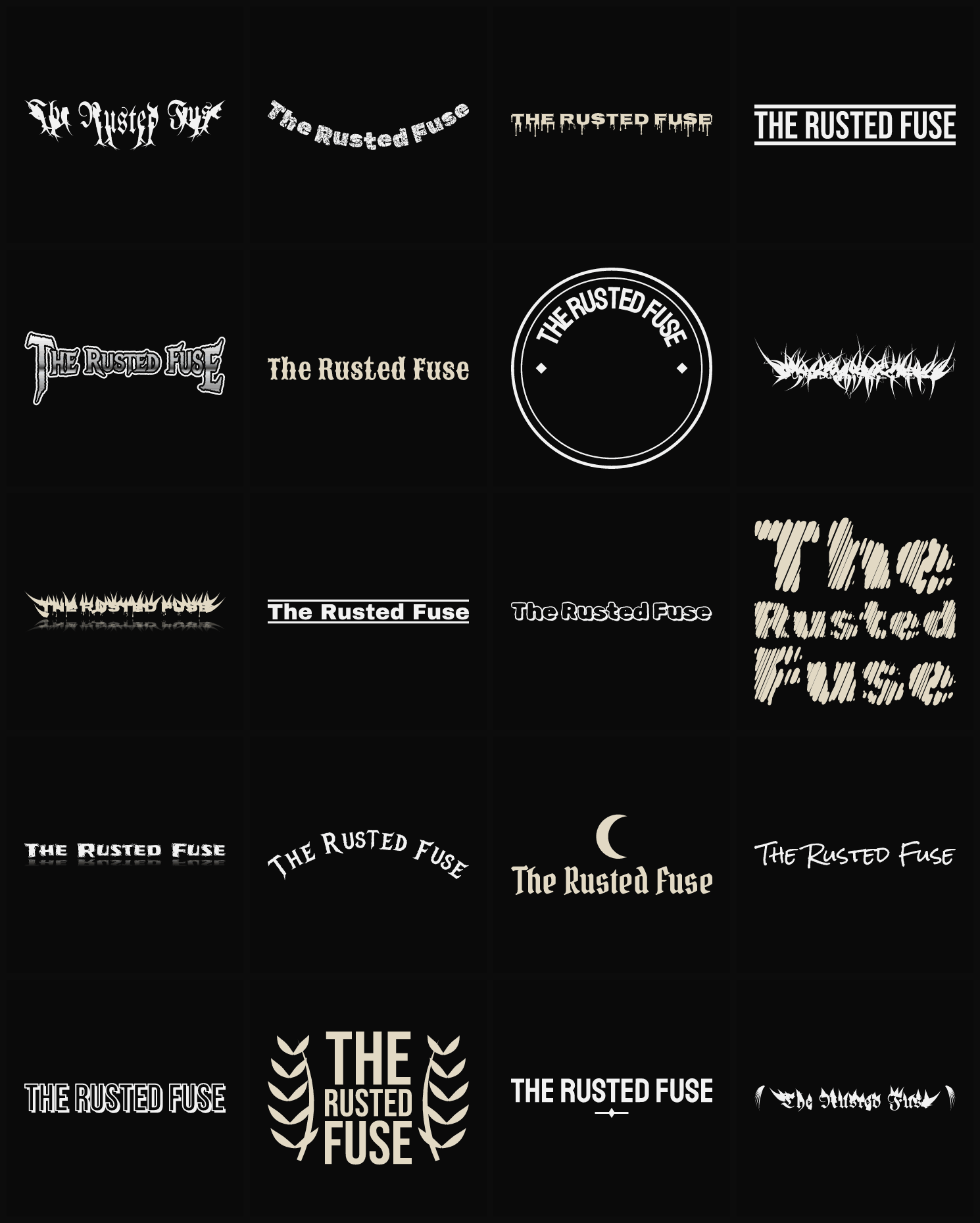 Twenty The Rusted Fuse band logo ideas — different faces, treatments and spike settings