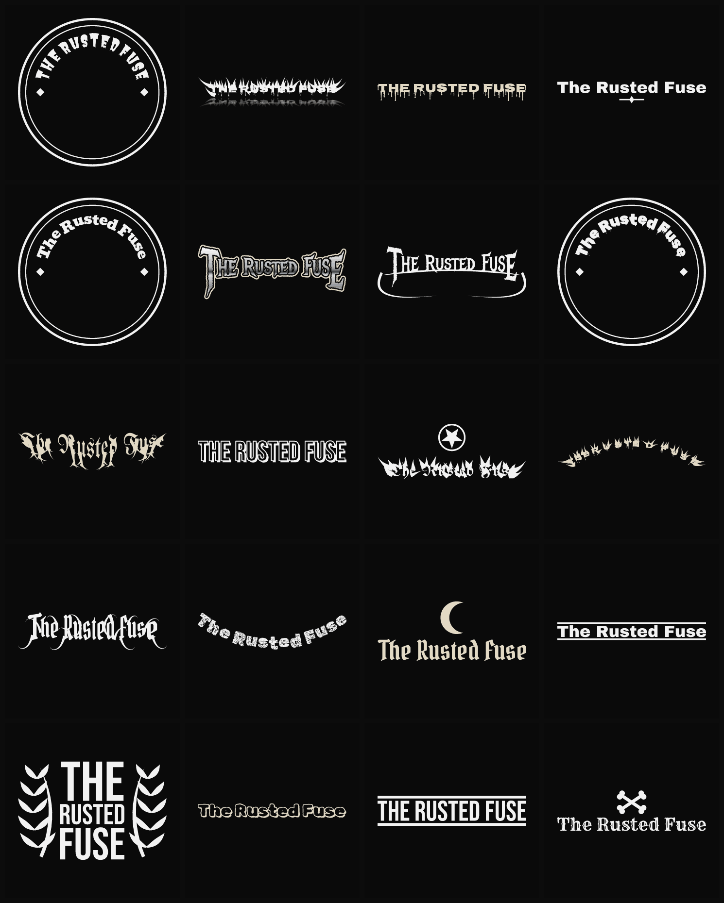 Twenty The Rusted Fuse band logo ideas — different faces, treatments and spike settings