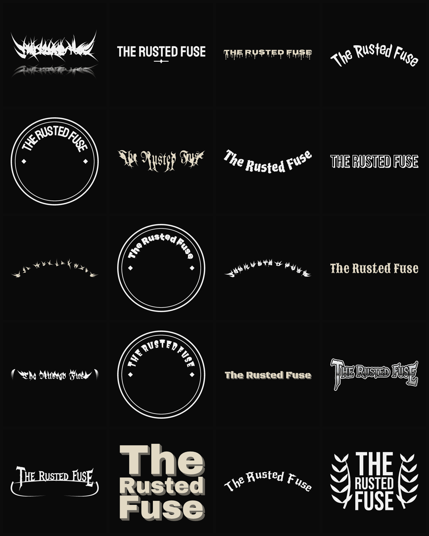 Twenty The Rusted Fuse band logo ideas — different faces, treatments and spike settings