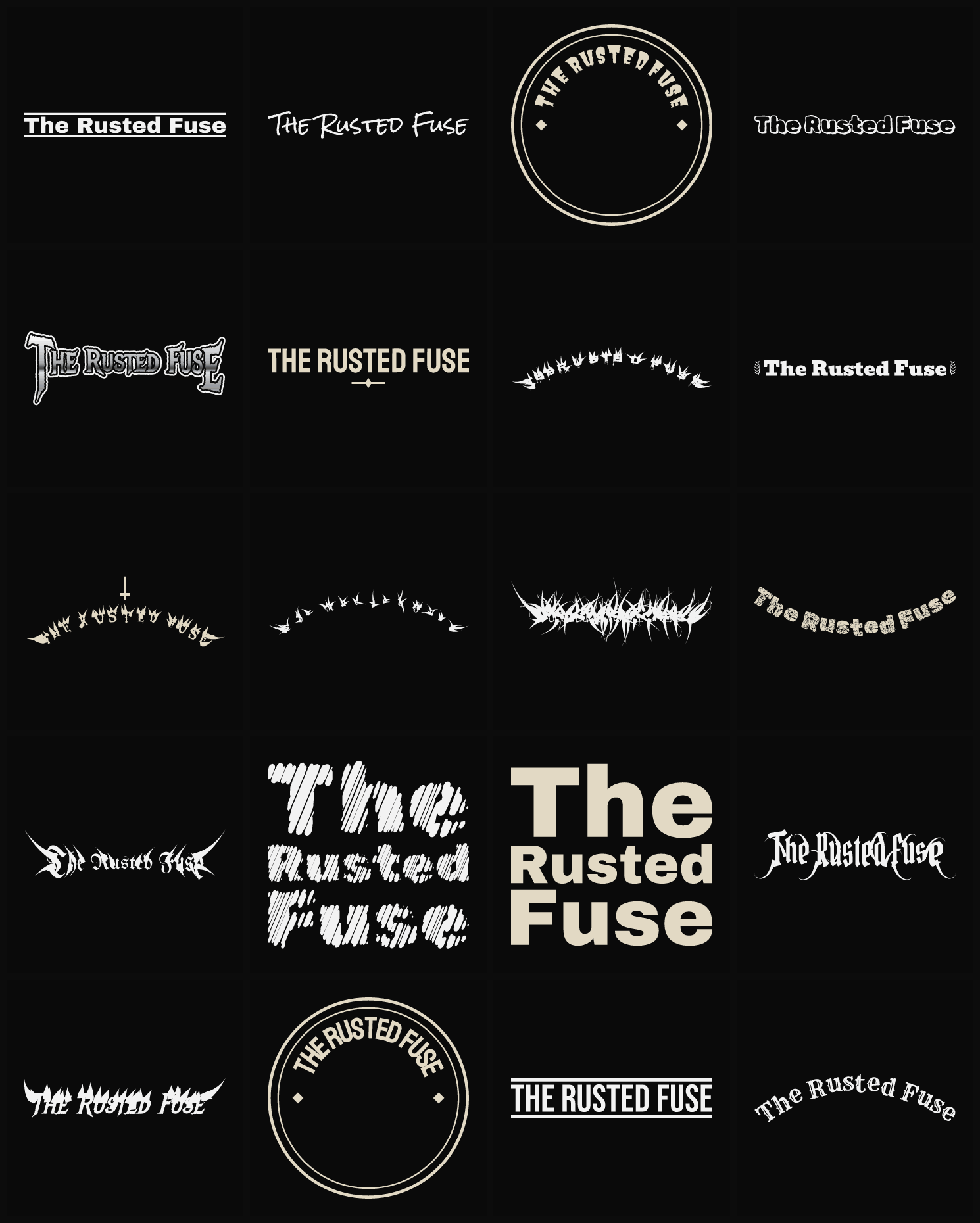 Twenty The Rusted Fuse band logo ideas — different faces, treatments and spike settings