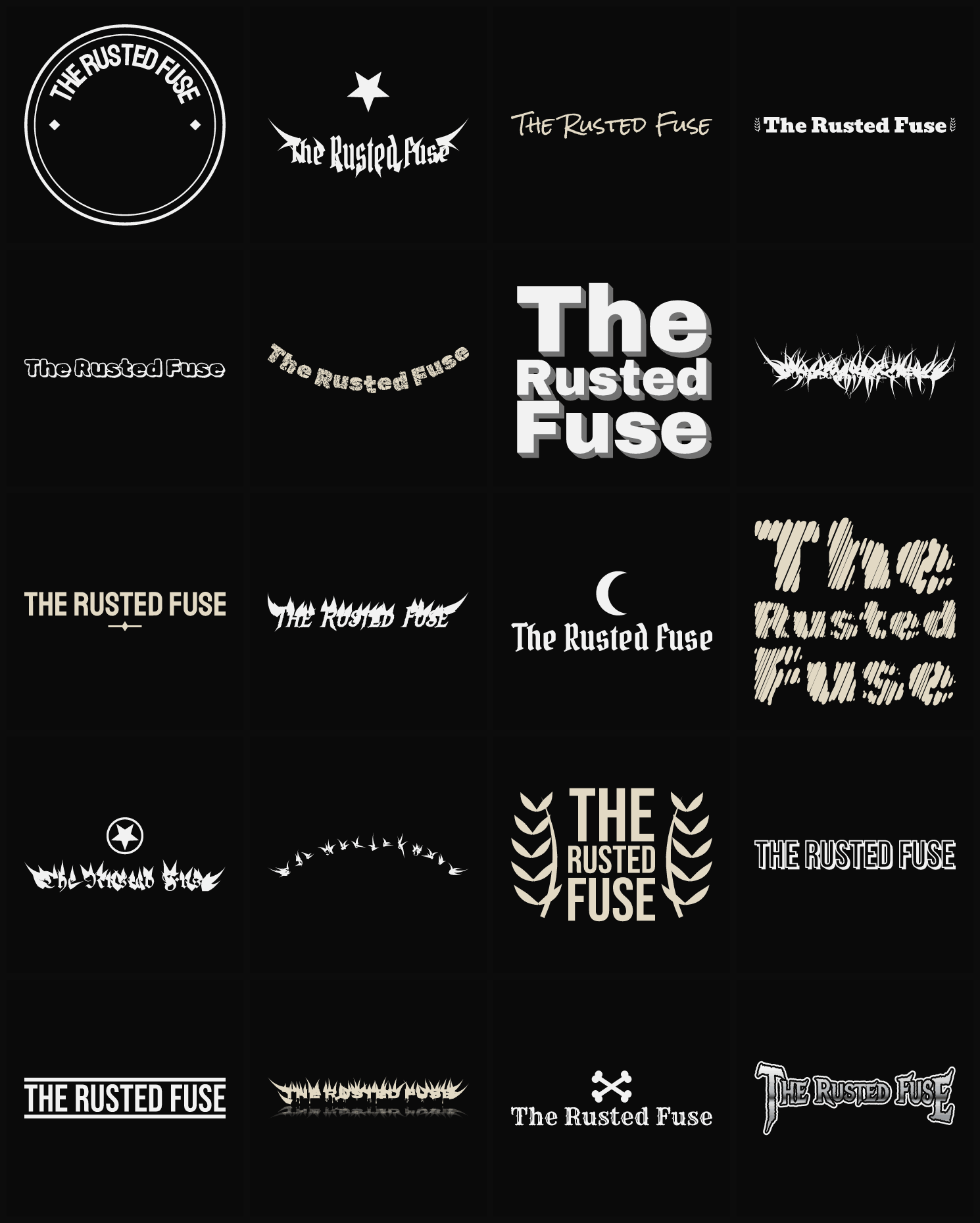 Twenty The Rusted Fuse band logo ideas — different faces, treatments and spike settings