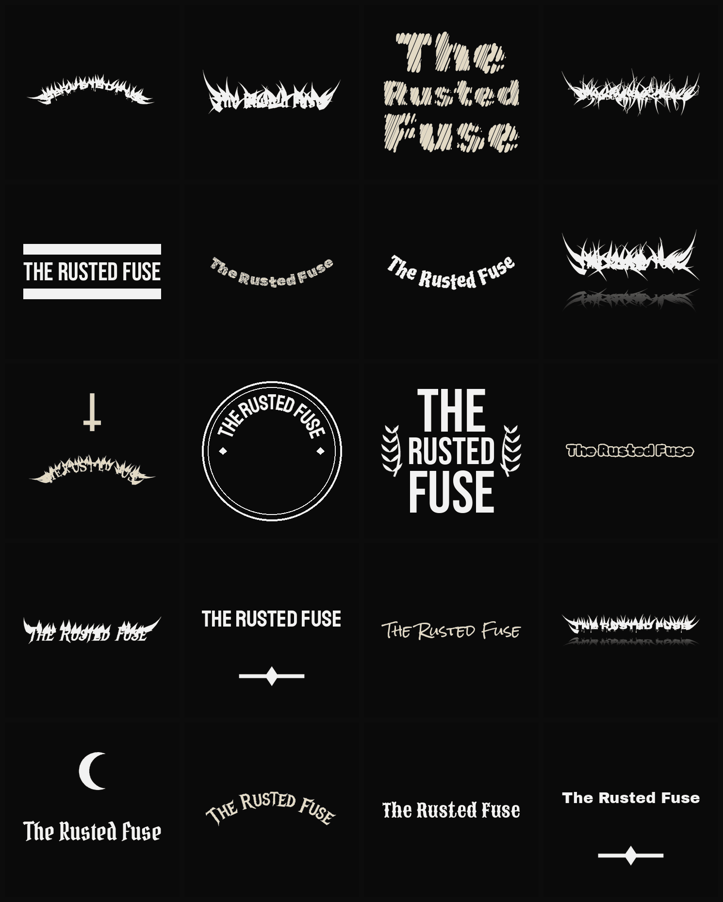 Twenty The Rusted Fuse band logo ideas — different faces, treatments and spike settings