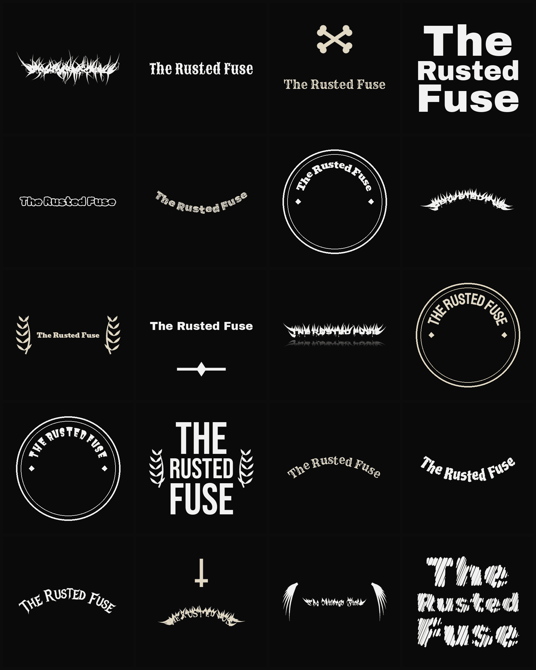 Twenty The Rusted Fuse band logo ideas — different faces, treatments and spike settings