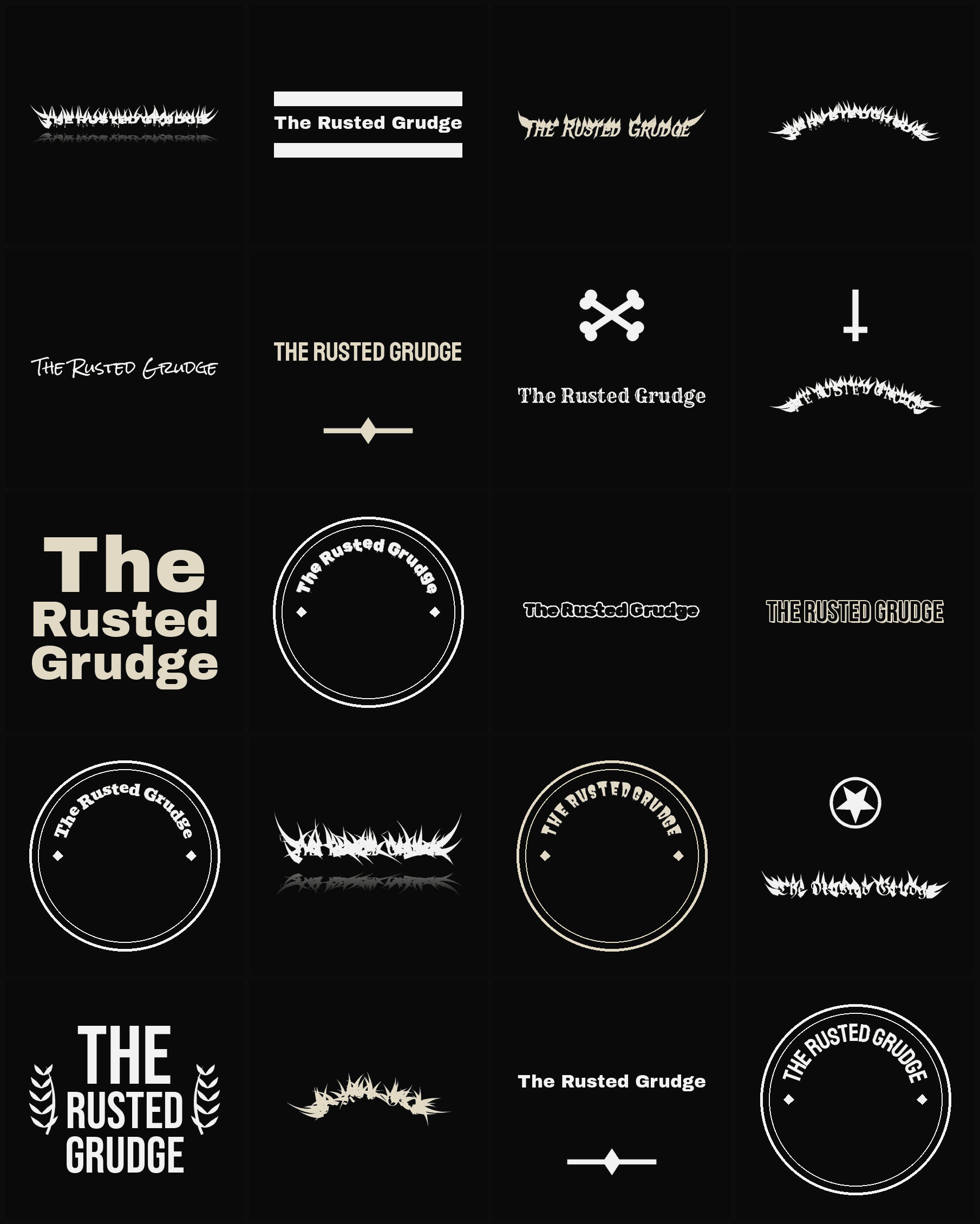 Twenty The Rusted Grudge band logo ideas — different faces, treatments and spike settings