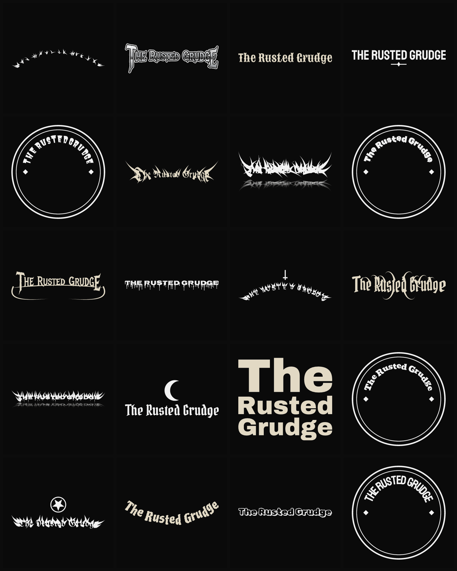 Twenty The Rusted Grudge band logo ideas — different faces, treatments and spike settings