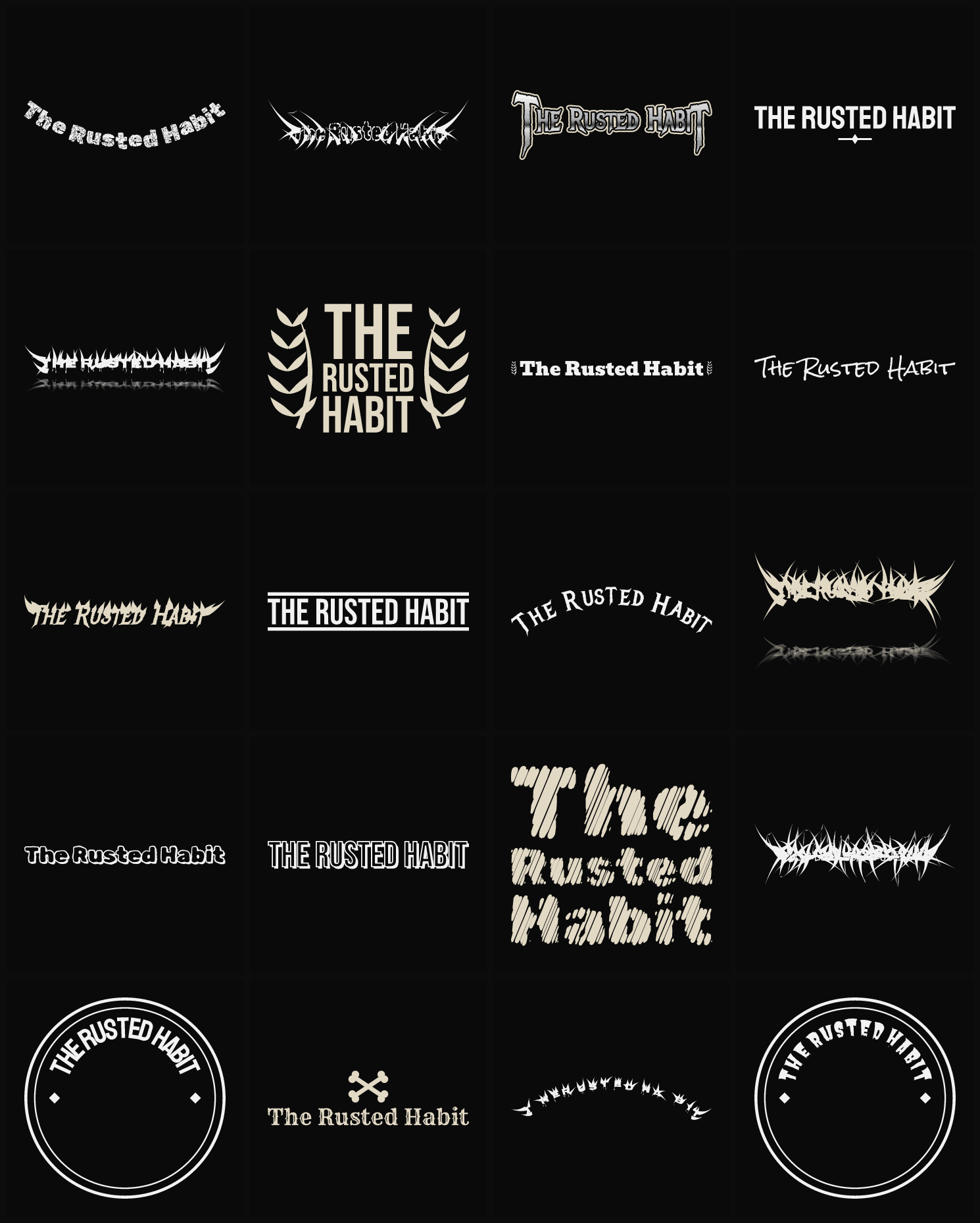 Twenty The Rusted Habit band logo ideas — different faces, treatments and spike settings