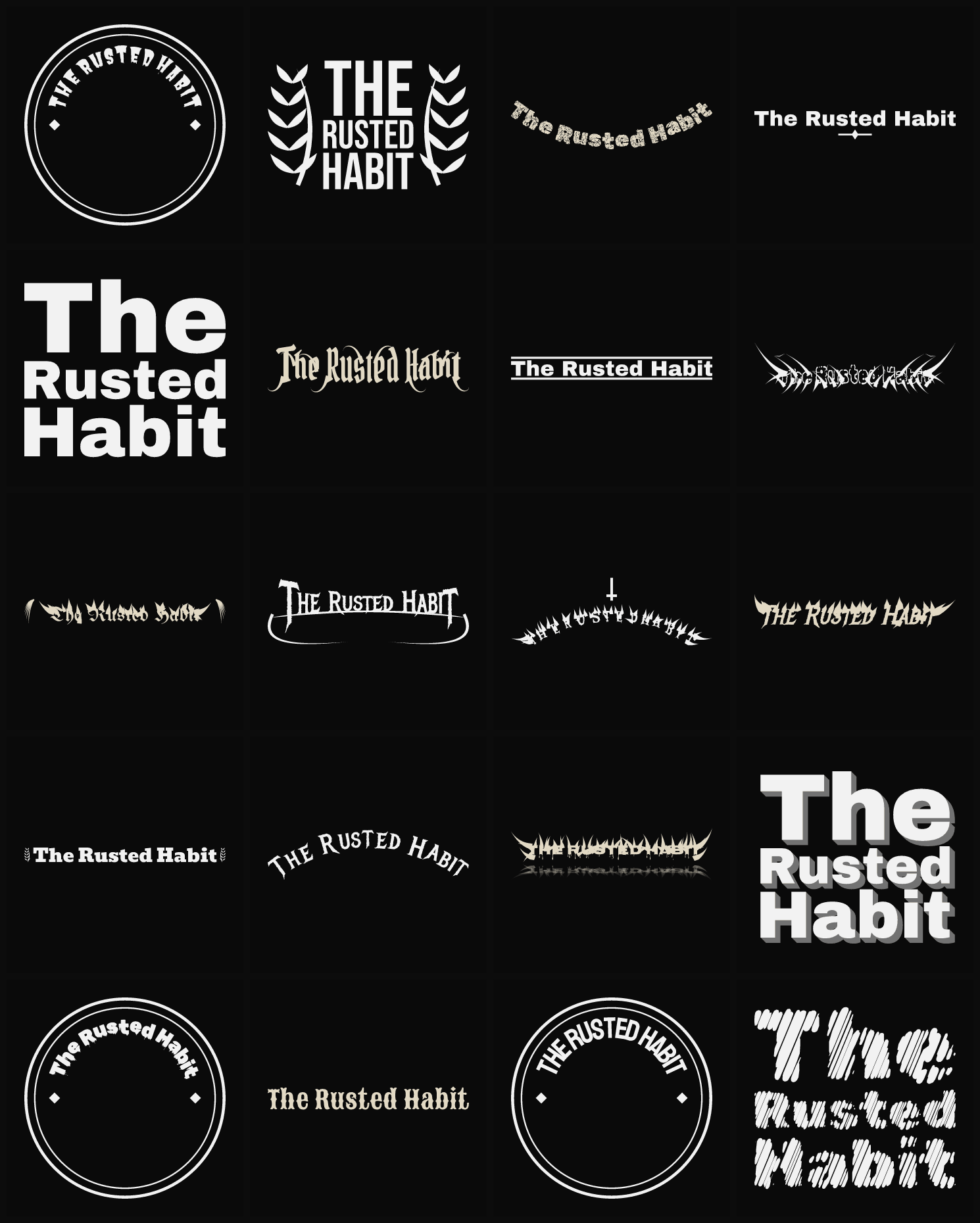 Twenty The Rusted Habit band logo ideas — different faces, treatments and spike settings