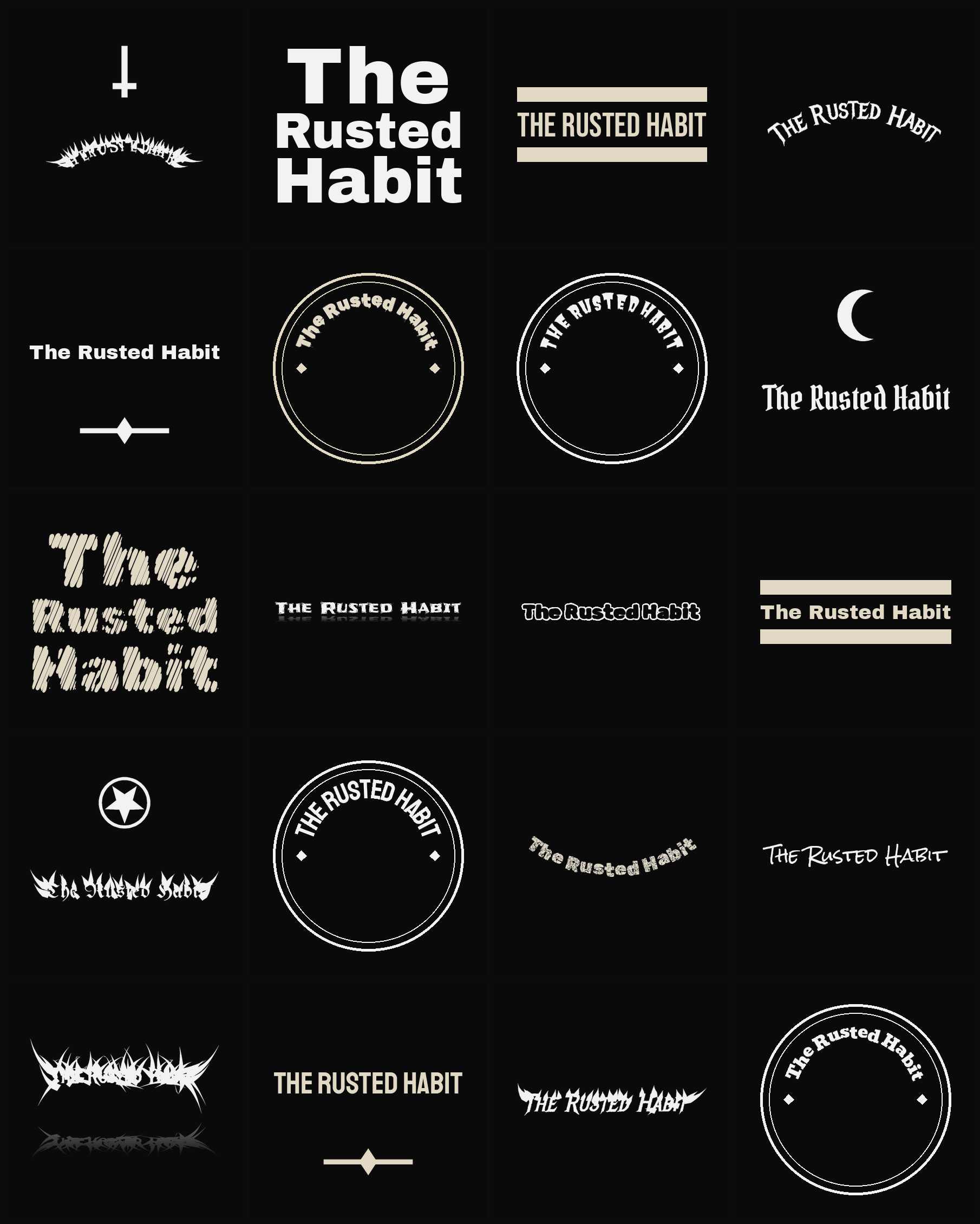 Twenty The Rusted Habit band logo ideas — different faces, treatments and spike settings
