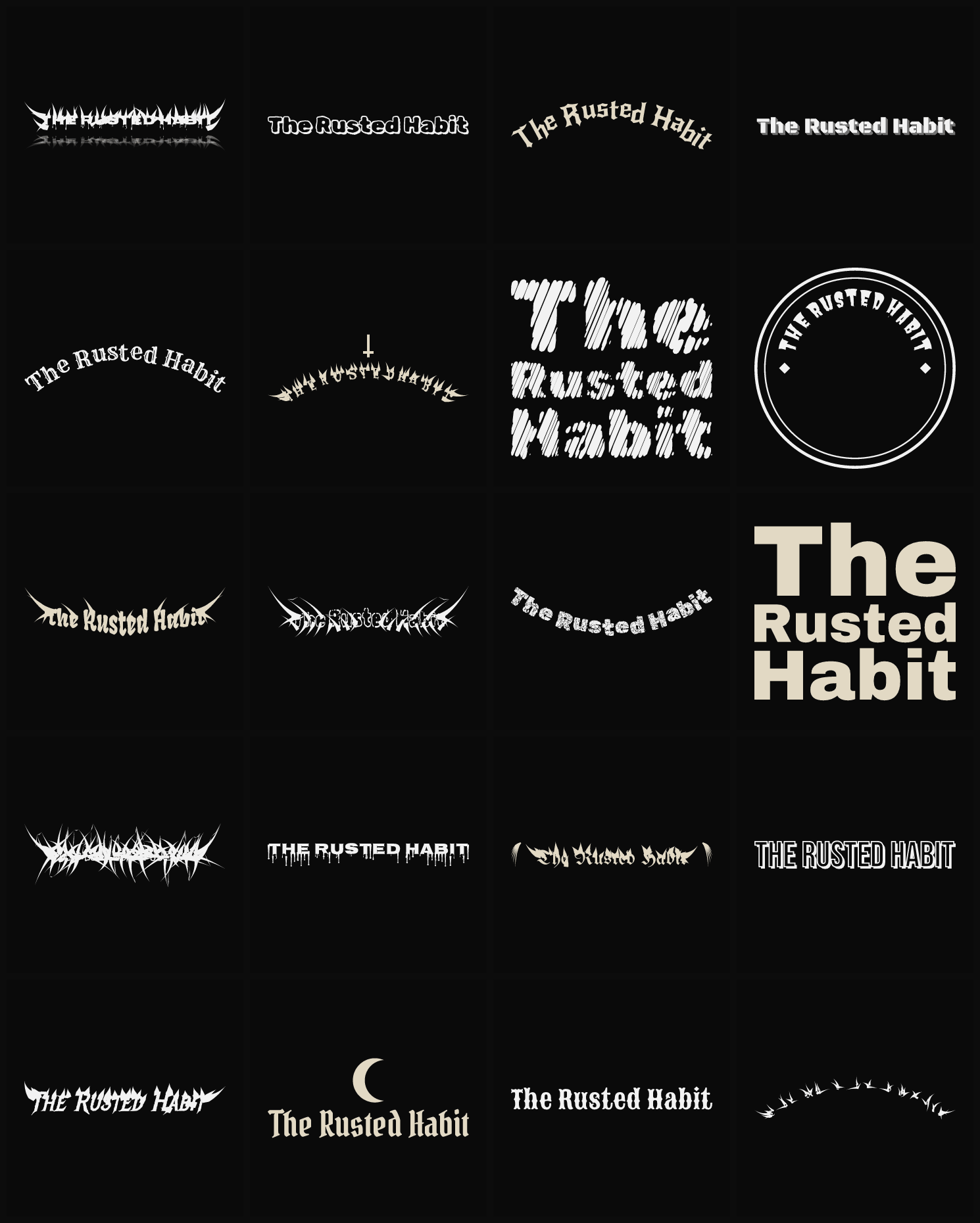 Twenty The Rusted Habit band logo ideas — different faces, treatments and spike settings