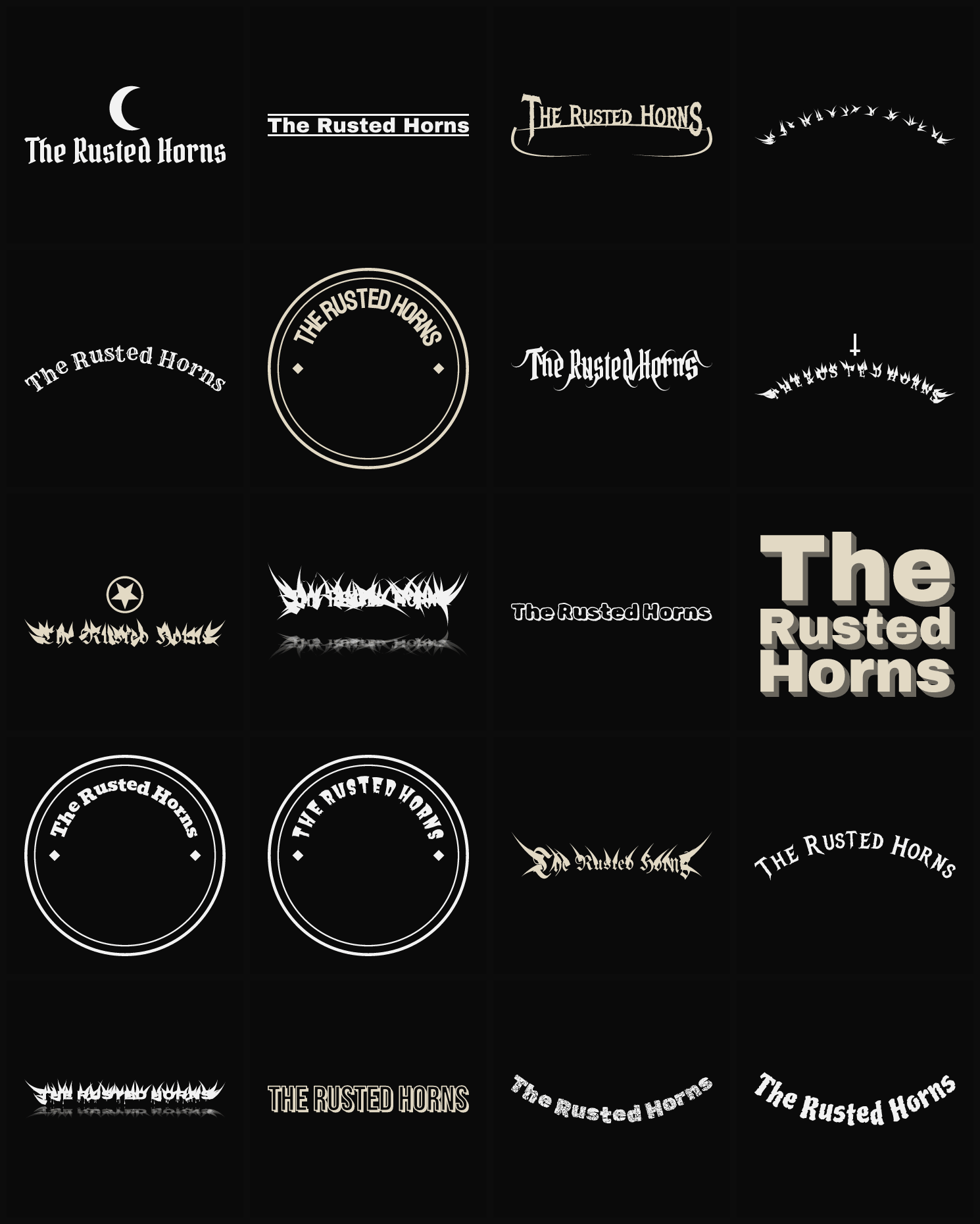 Twenty The Rusted Horns band logo ideas — different faces, treatments and spike settings
