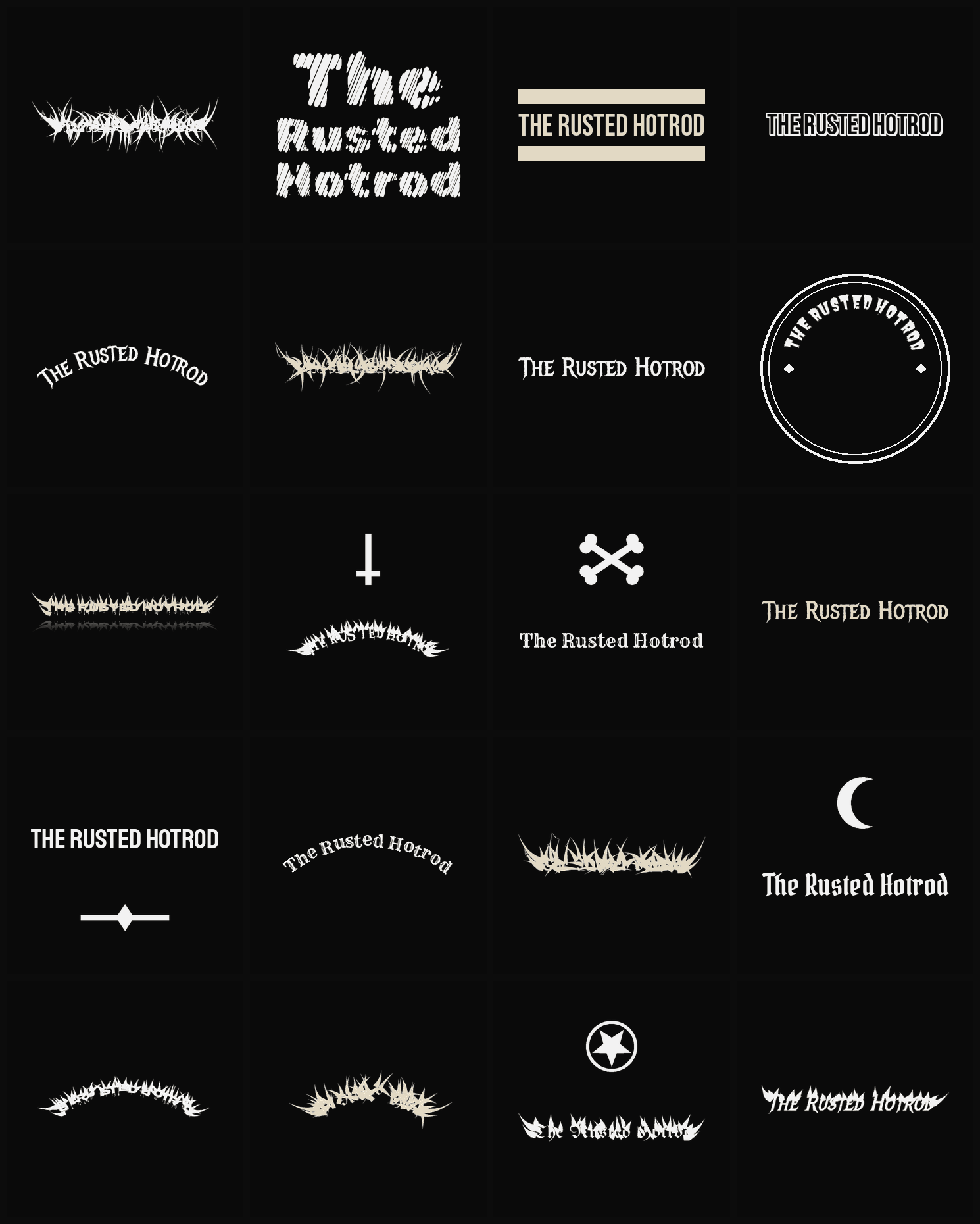 Twenty The Rusted Hotrod band logo ideas — different faces, treatments and spike settings