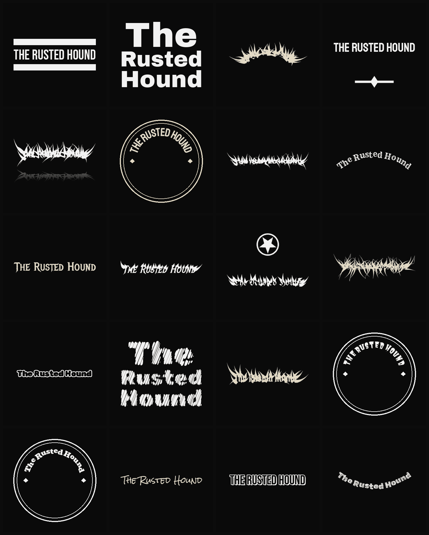 Twenty The Rusted Hound band logo ideas — different faces, treatments and spike settings