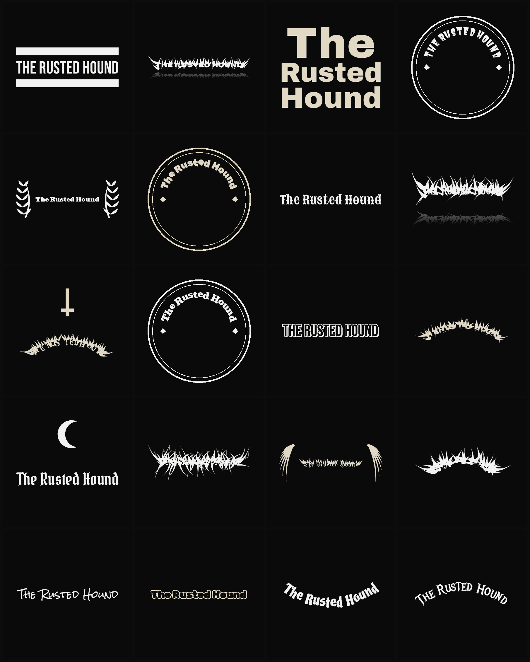 Twenty The Rusted Hound band logo ideas — different faces, treatments and spike settings