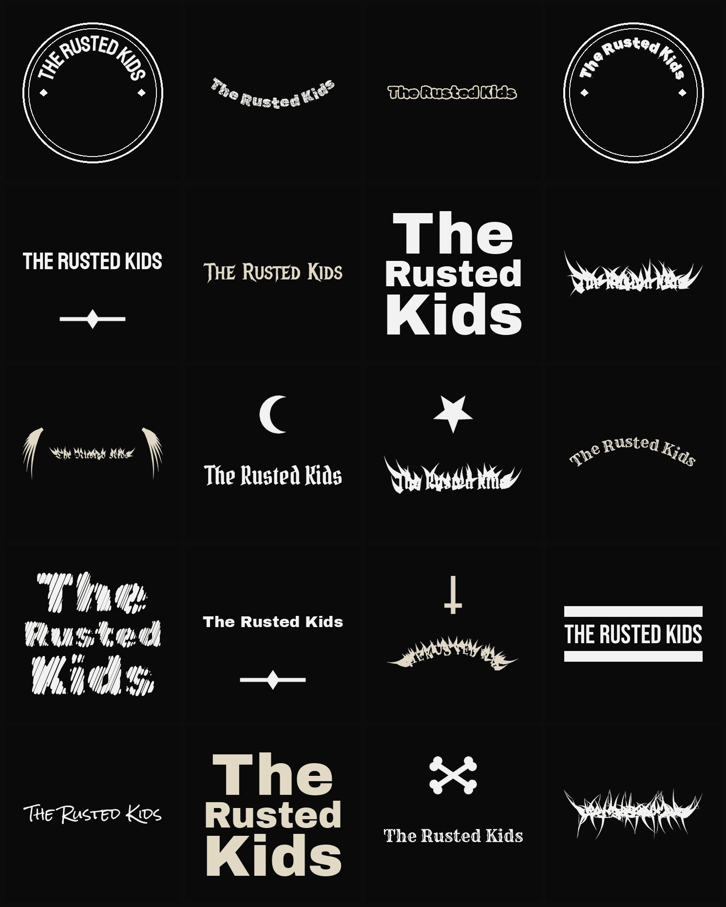 Twenty The Rusted Kids band logo ideas — different faces, treatments and spike settings