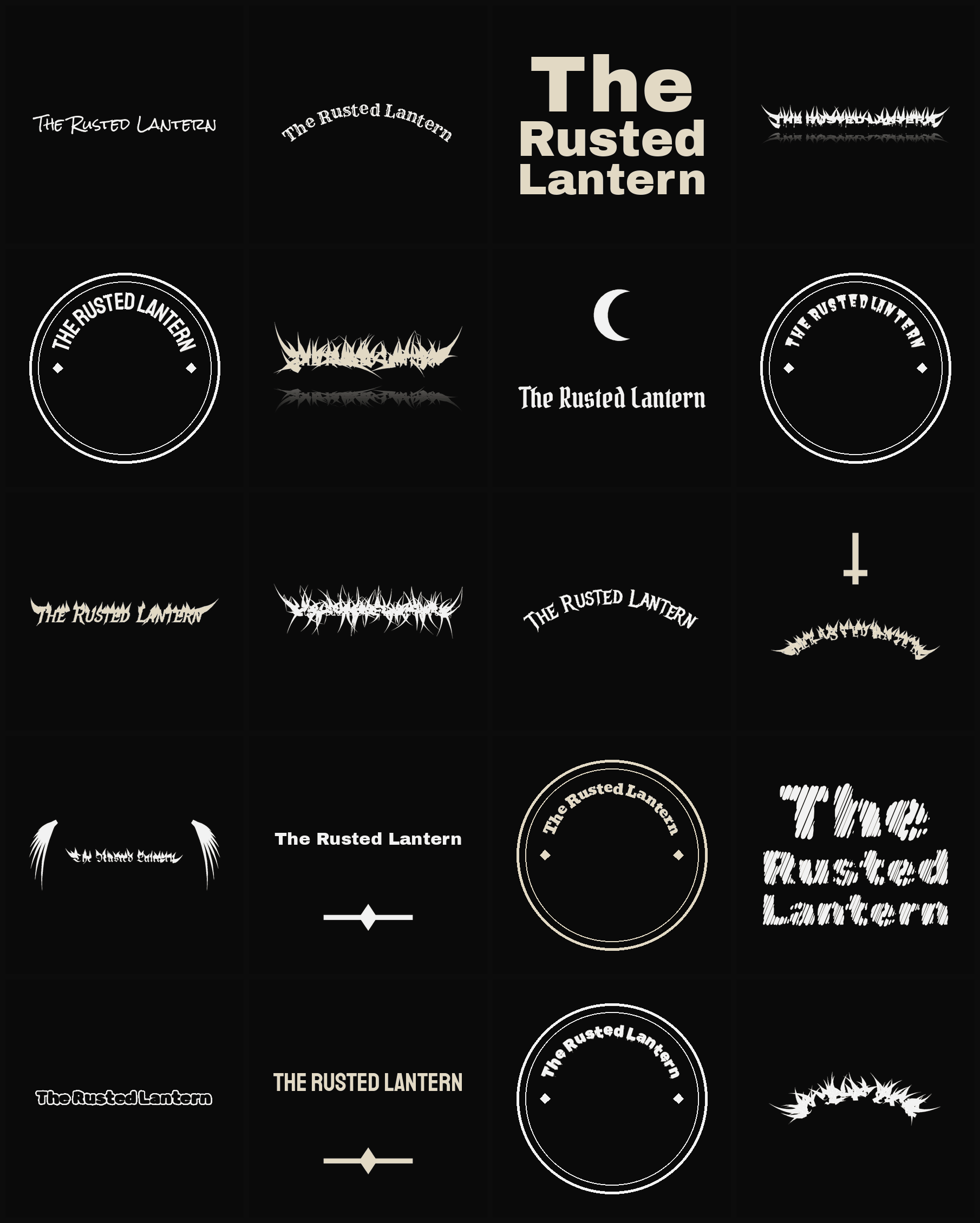 Twenty The Rusted Lantern band logo ideas — different faces, treatments and spike settings