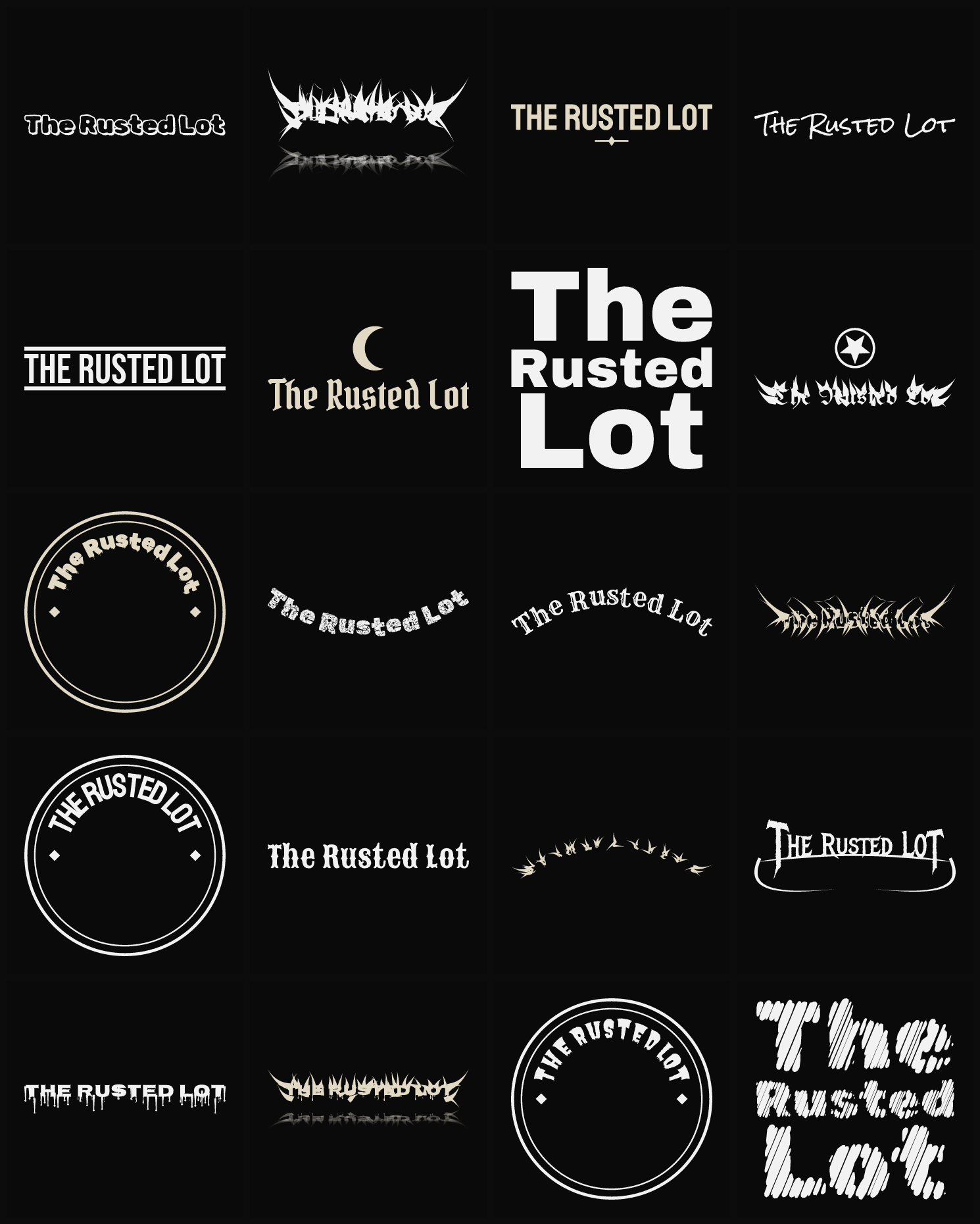 Twenty The Rusted Lot band logo ideas — different faces, treatments and spike settings