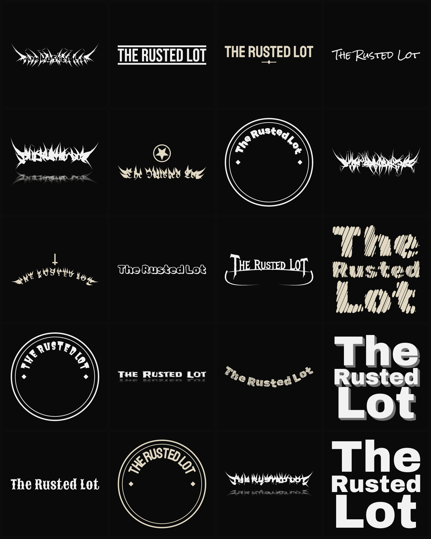 Twenty The Rusted Lot band logo ideas — different faces, treatments and spike settings
