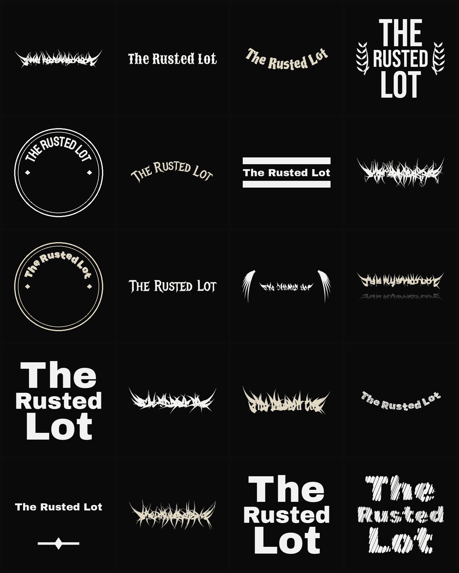 Twenty The Rusted Lot band logo ideas — different faces, treatments and spike settings