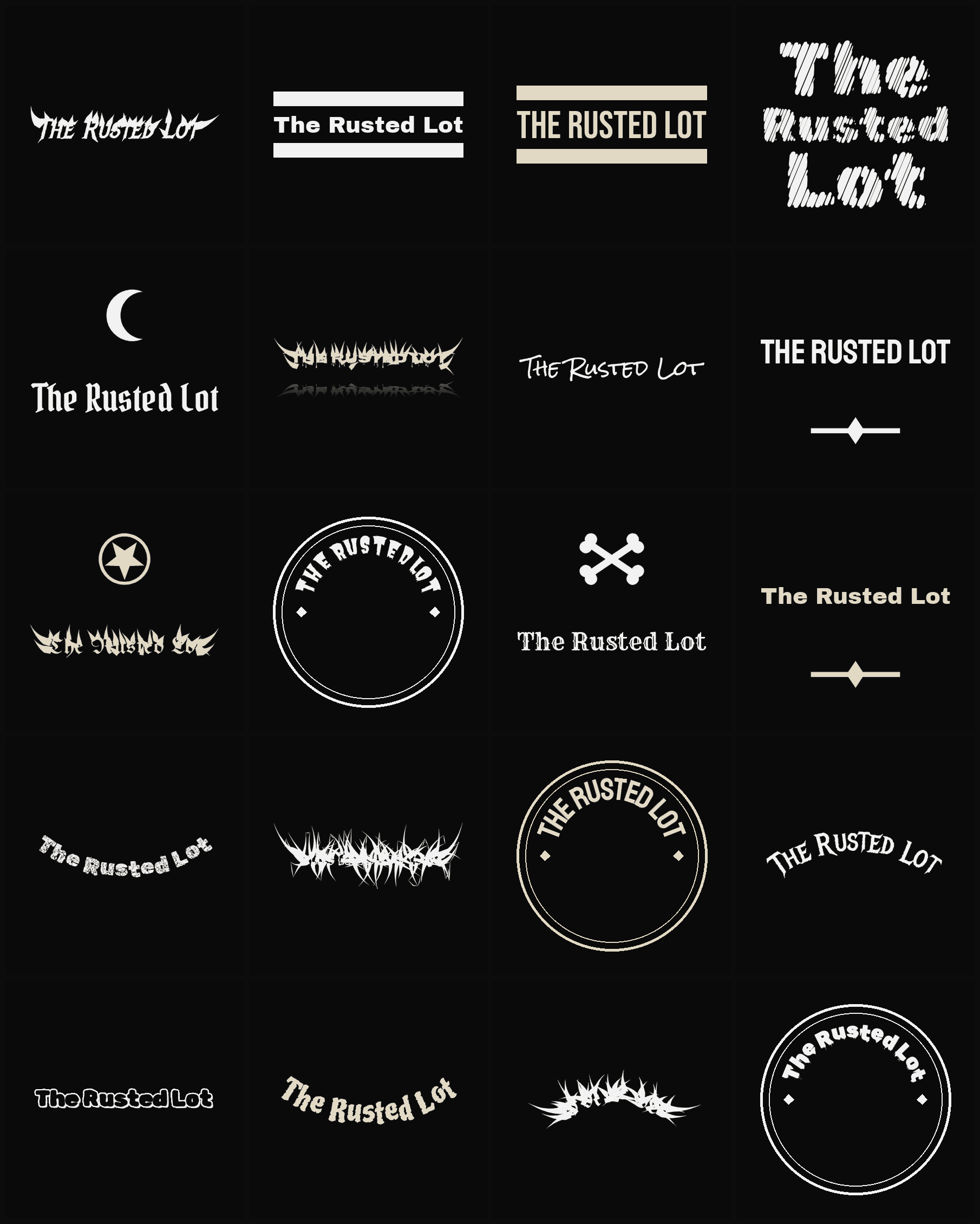 Twenty The Rusted Lot band logo ideas — different faces, treatments and spike settings