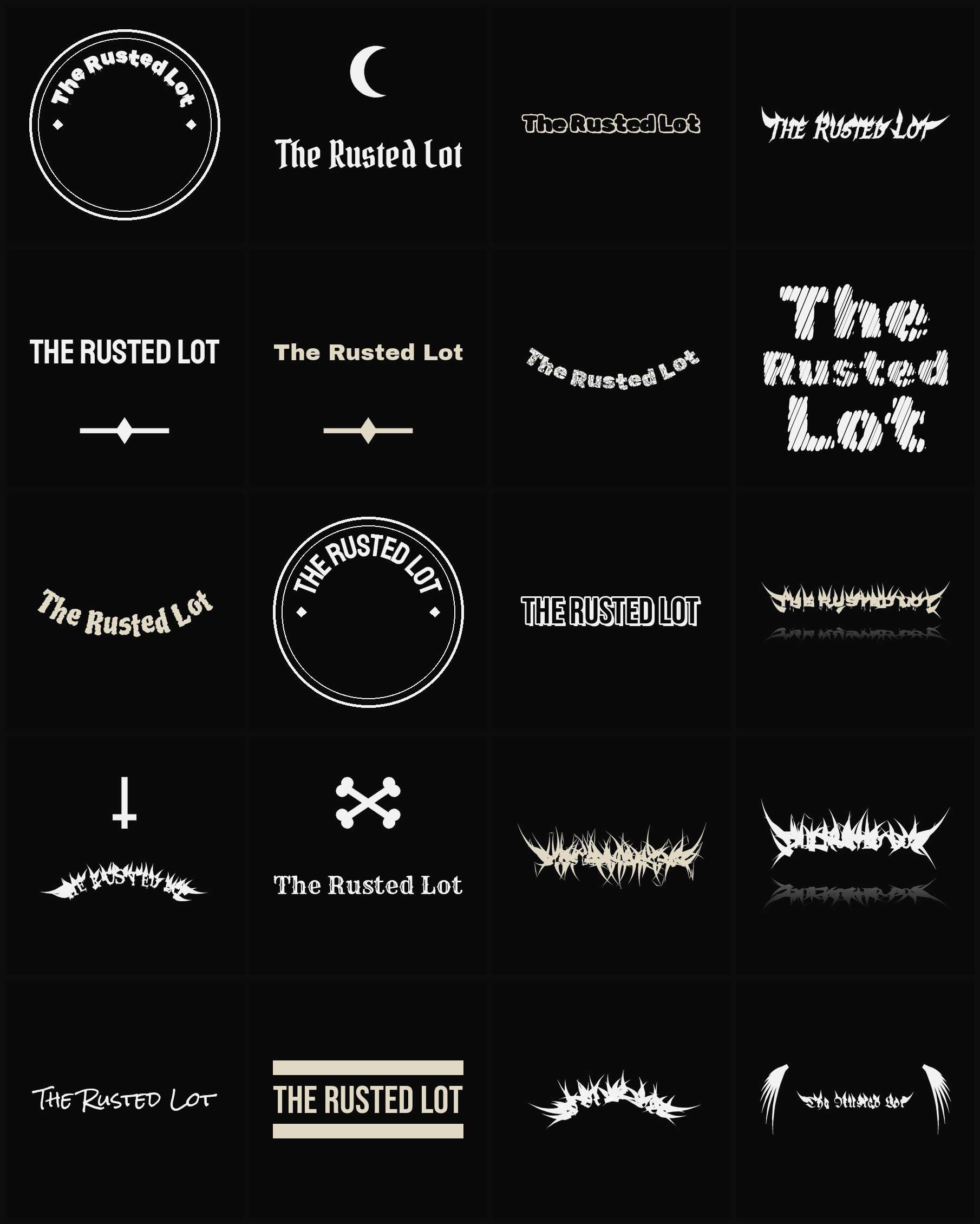 Twenty The Rusted Lot band logo ideas — different faces, treatments and spike settings