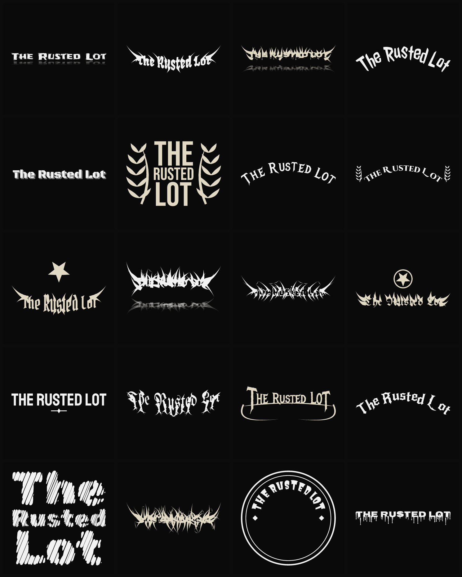 Twenty The Rusted Lot band logo ideas — different faces, treatments and spike settings