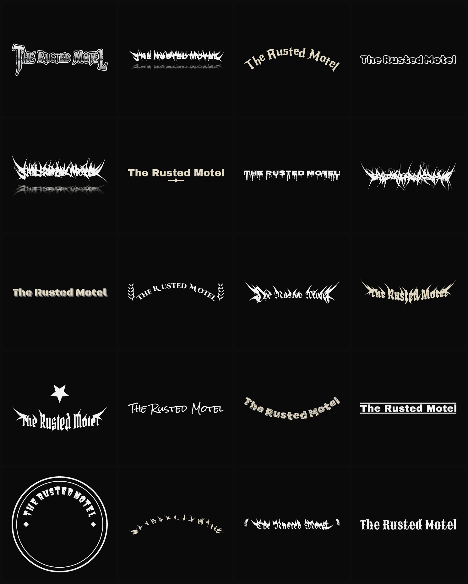 Twenty The Rusted Motel band logo ideas — different faces, treatments and spike settings