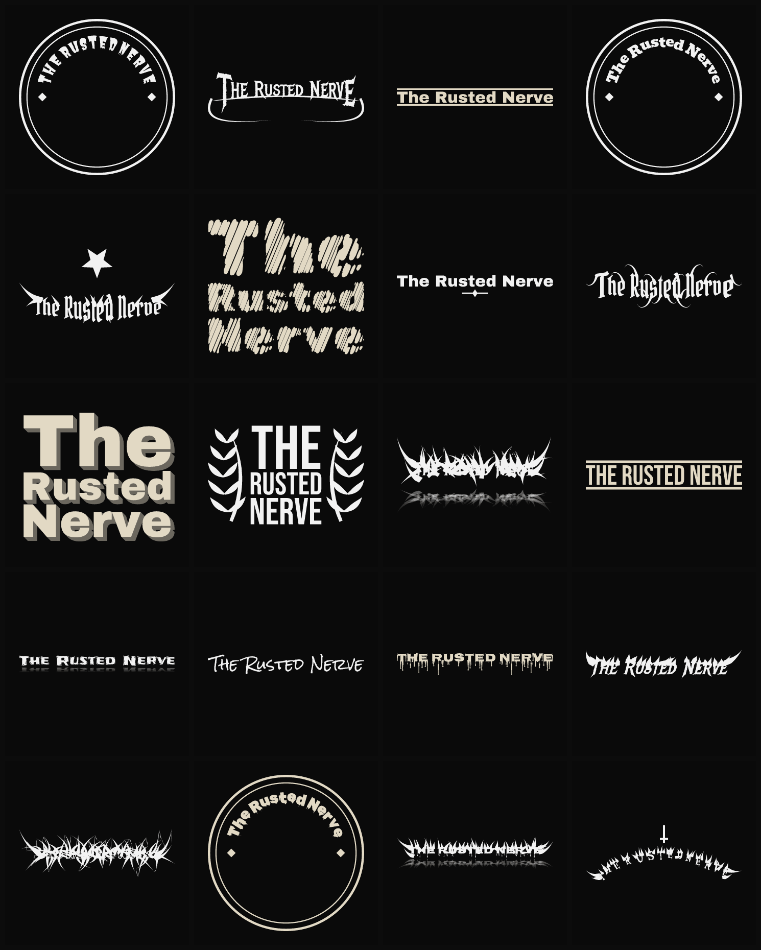 Twenty The Rusted Nerve band logo ideas — different faces, treatments and spike settings