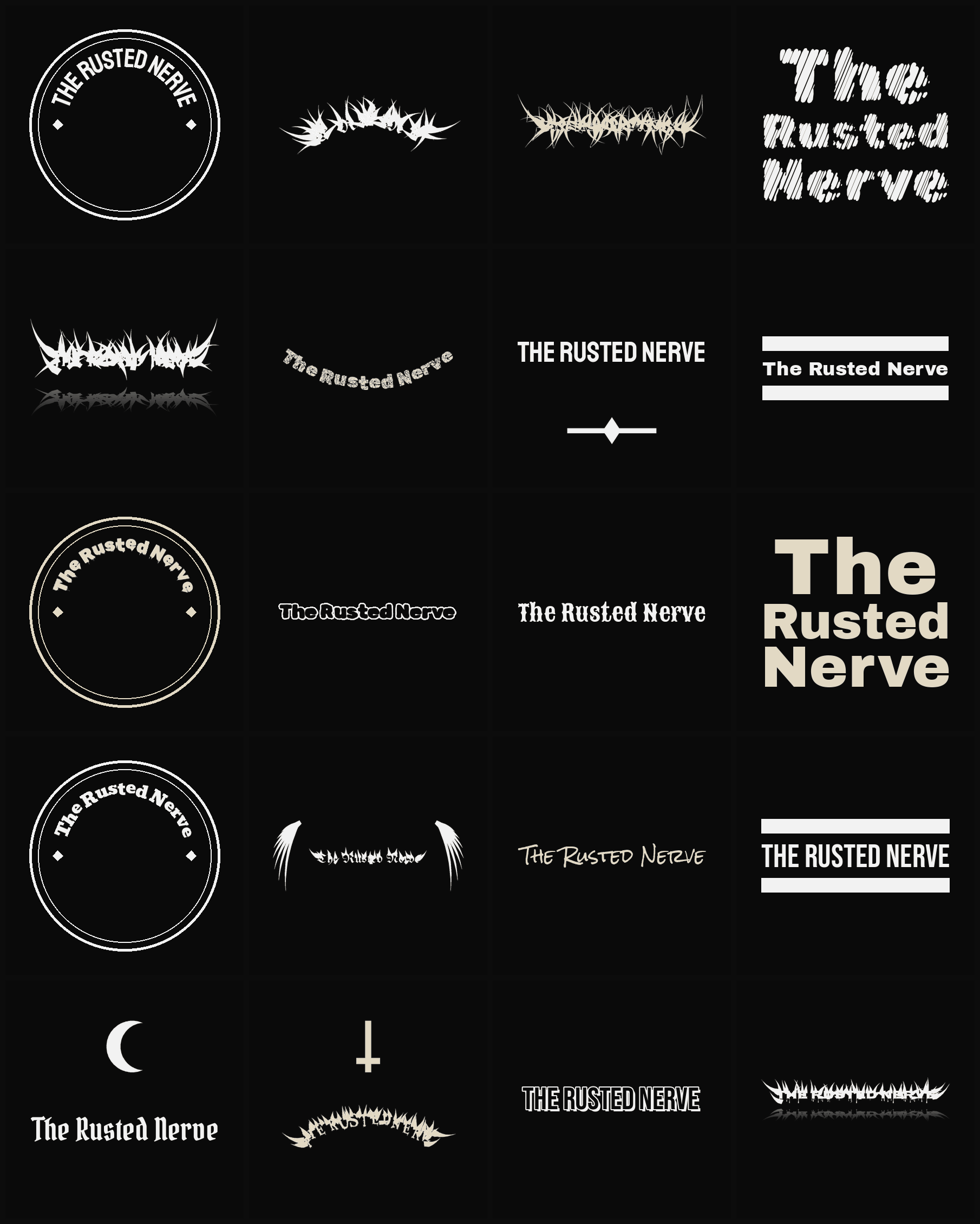 Twenty The Rusted Nerve band logo ideas — different faces, treatments and spike settings