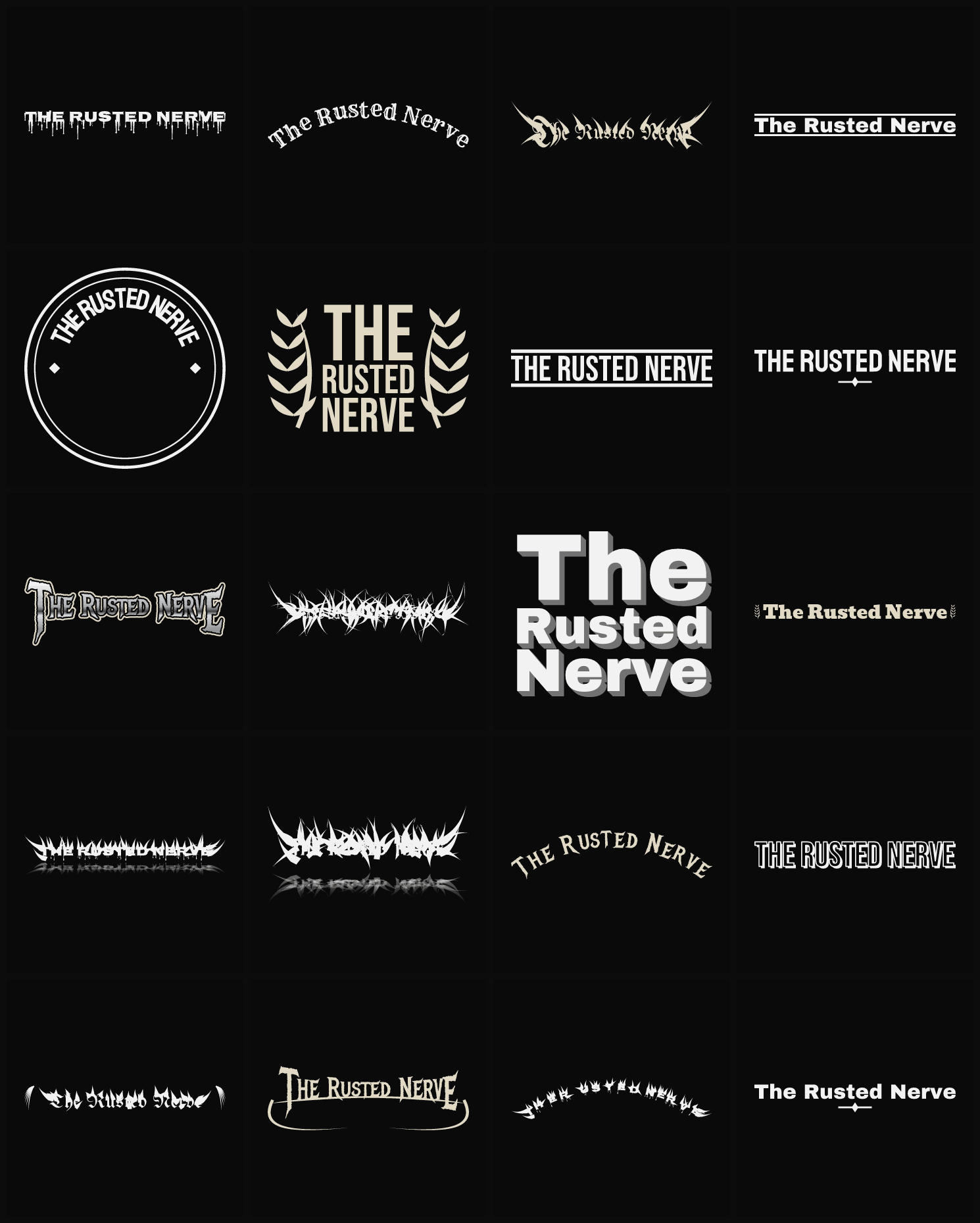 Twenty The Rusted Nerve band logo ideas — different faces, treatments and spike settings
