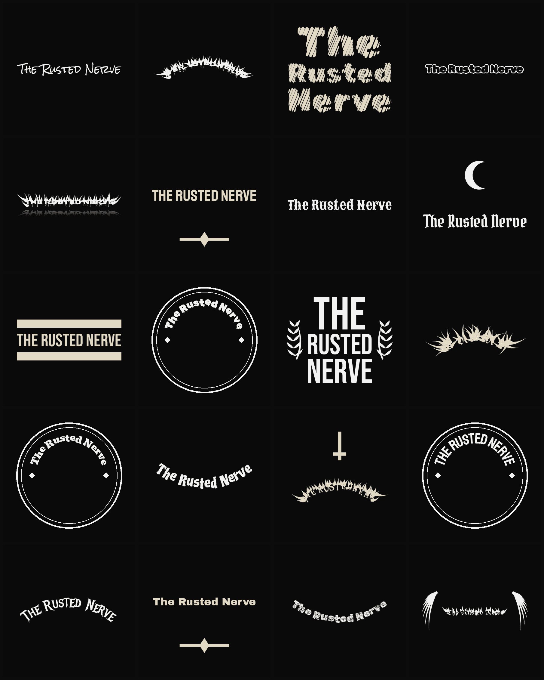 Twenty The Rusted Nerve band logo ideas — different faces, treatments and spike settings