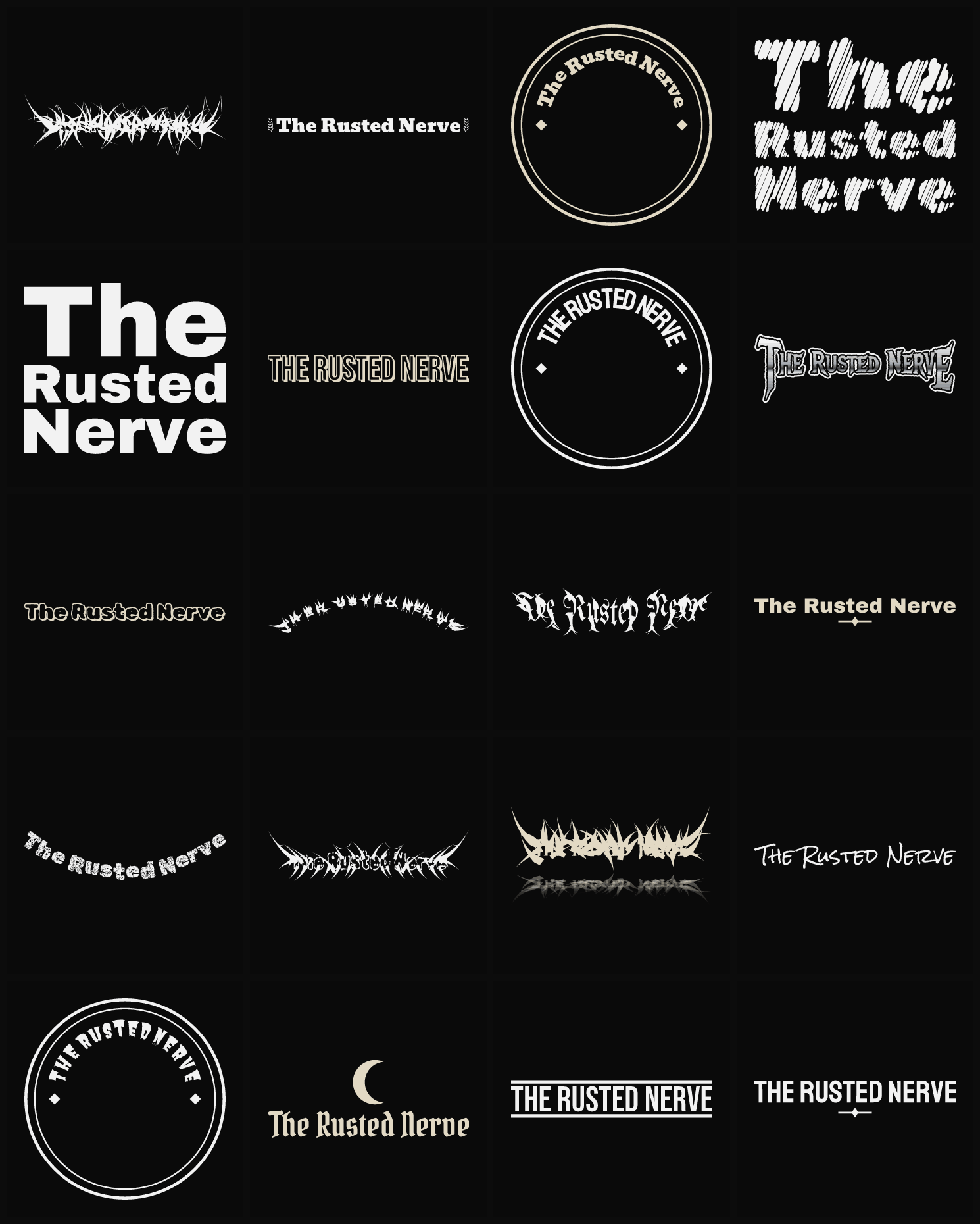 Twenty The Rusted Nerve band logo ideas — different faces, treatments and spike settings