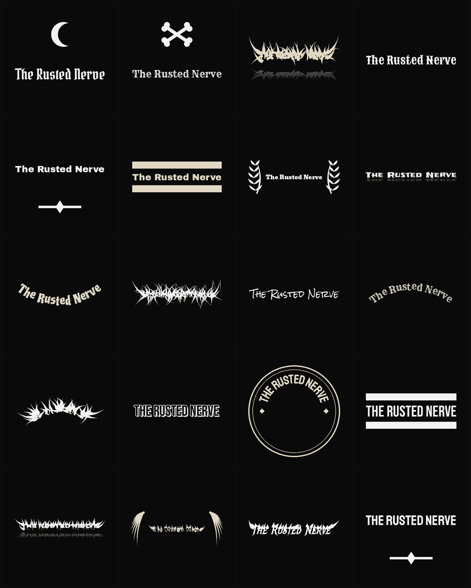 Twenty The Rusted Nerve band logo ideas — different faces, treatments and spike settings